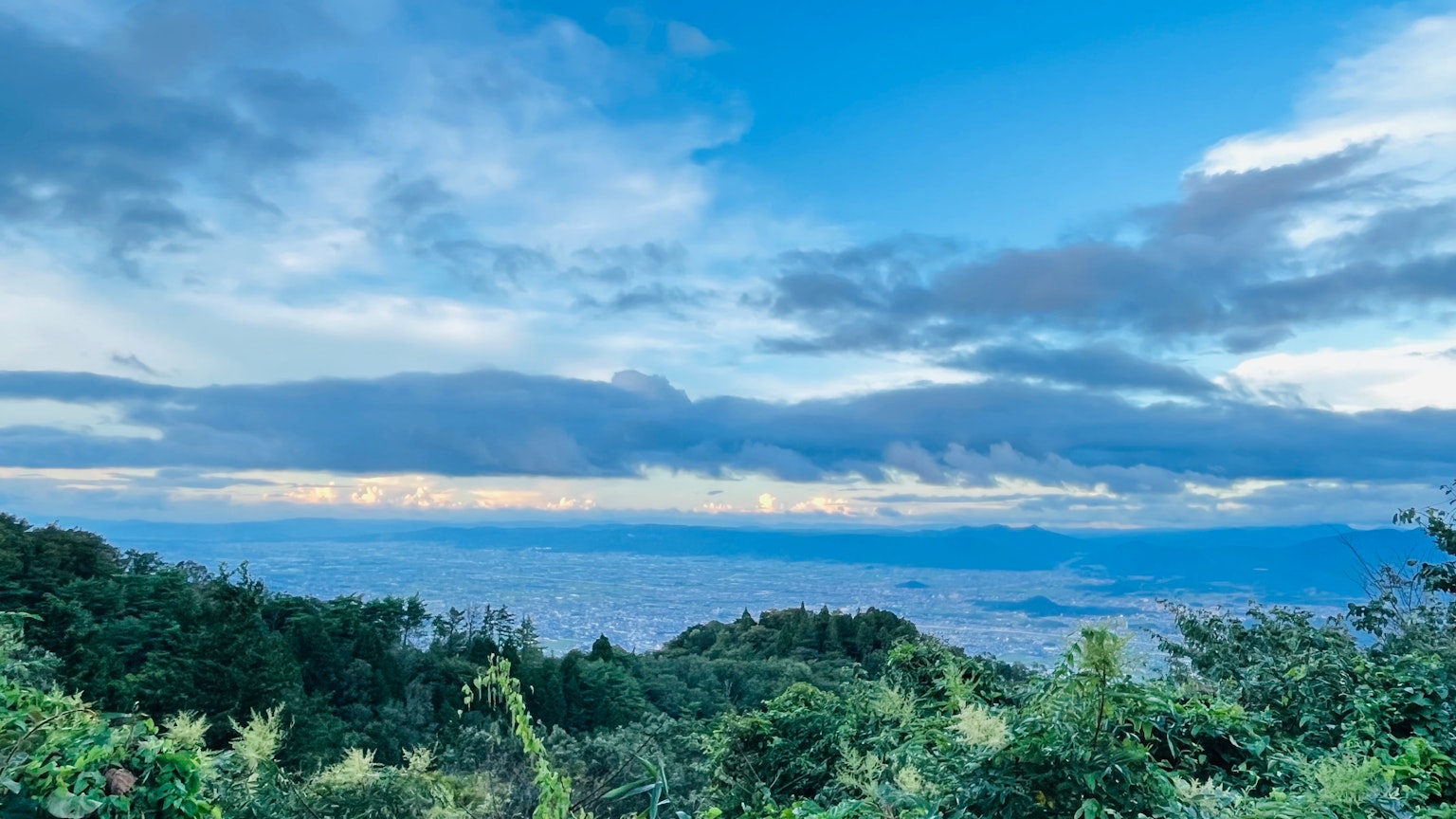 Panoramic view of a blue sky with clouds green trees and distant cityscape