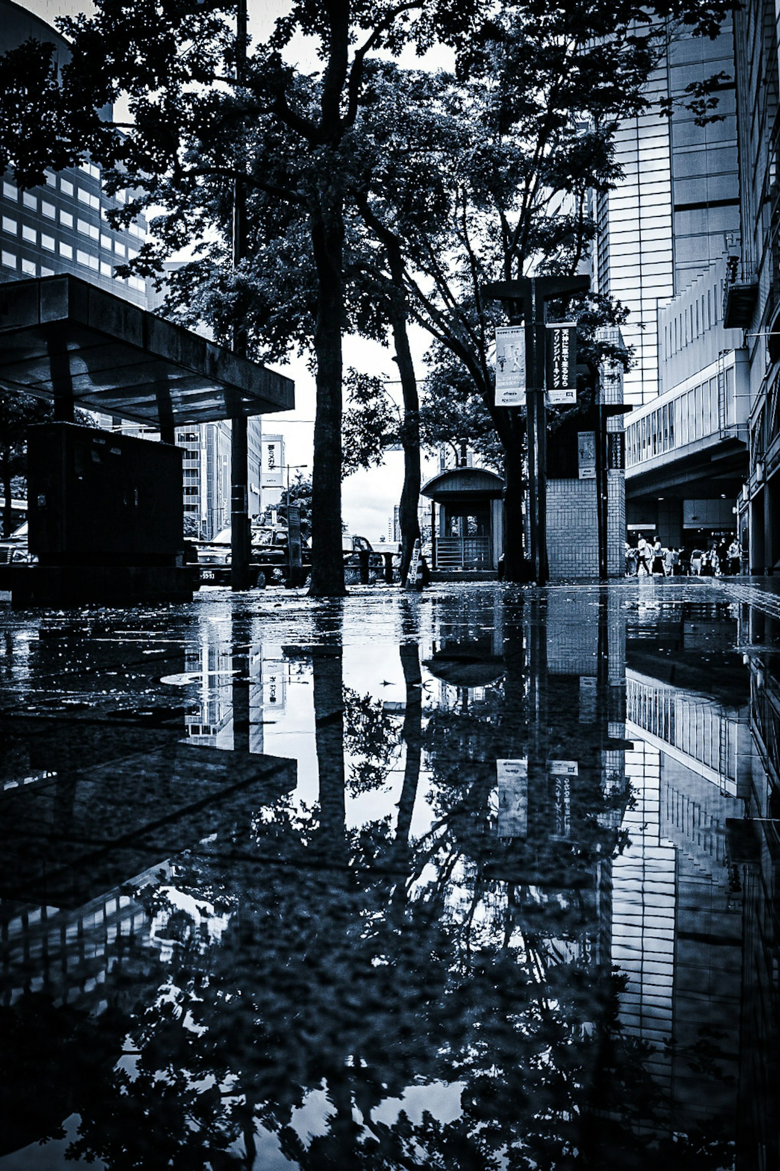 Monochrome cityscape reflecting in puddles after rain