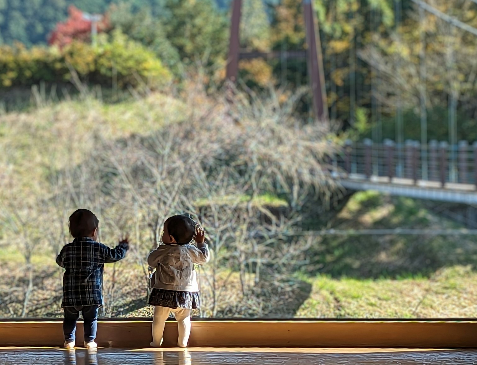 Due bambini che guardano fuori da una finestra su un paesaggio verde