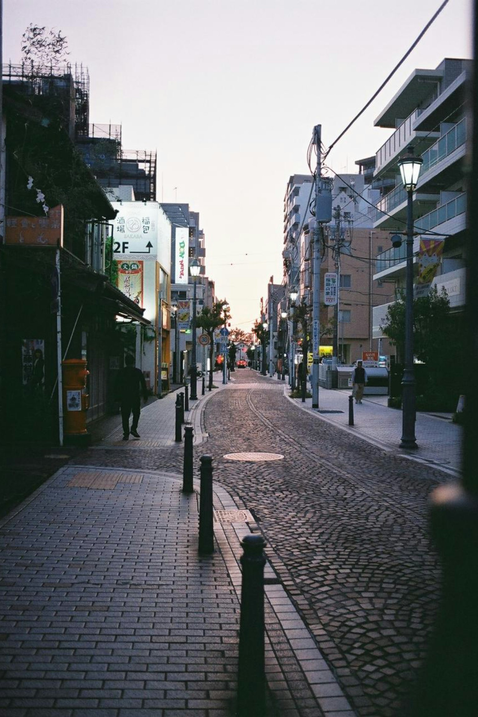 Quiet street scene with cobblestone path and buildings at dusk