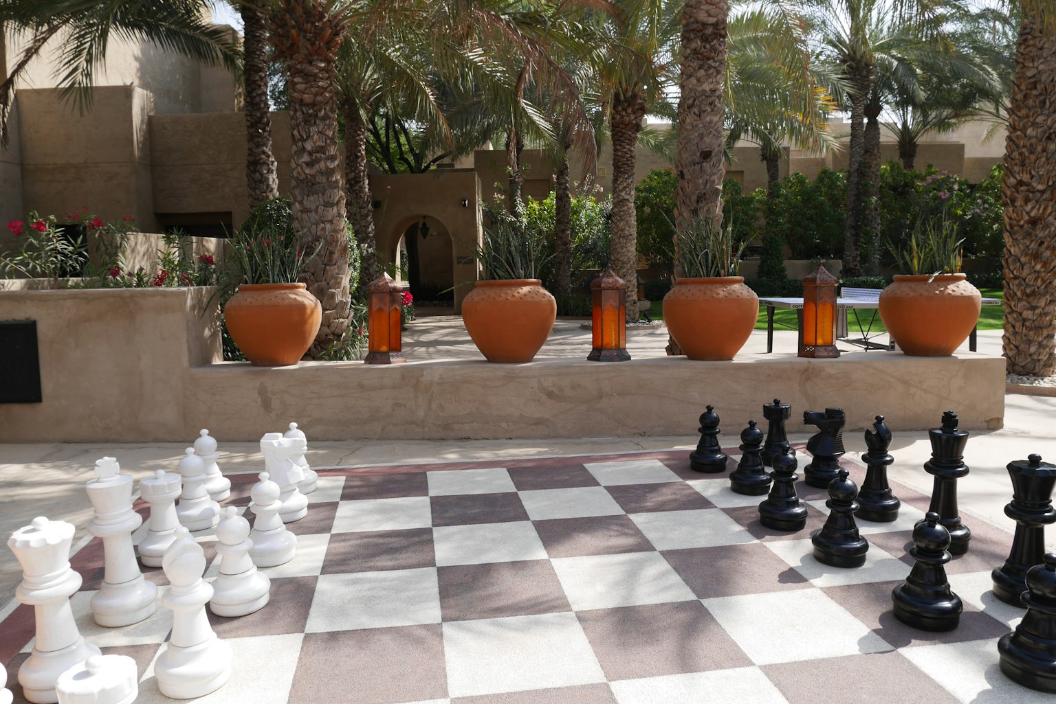 户外棋盘与大型黑白棋子被棕榈树环绕