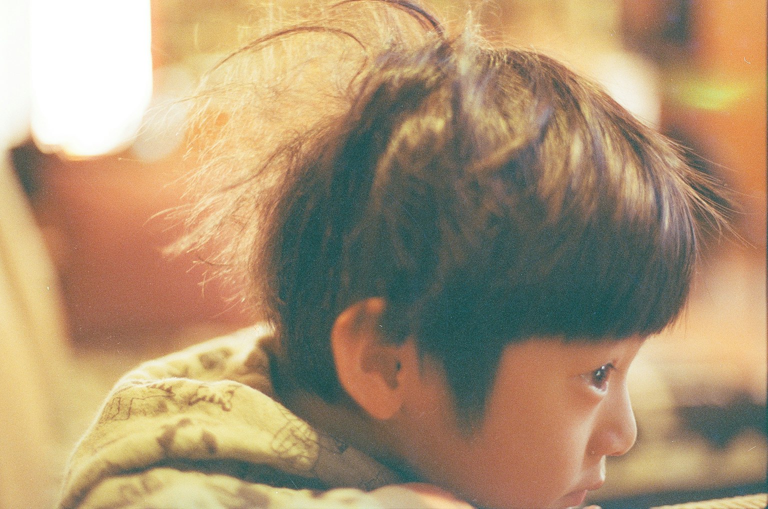 髪の毛が立っている子供の横顔 暖かい色合いの背景