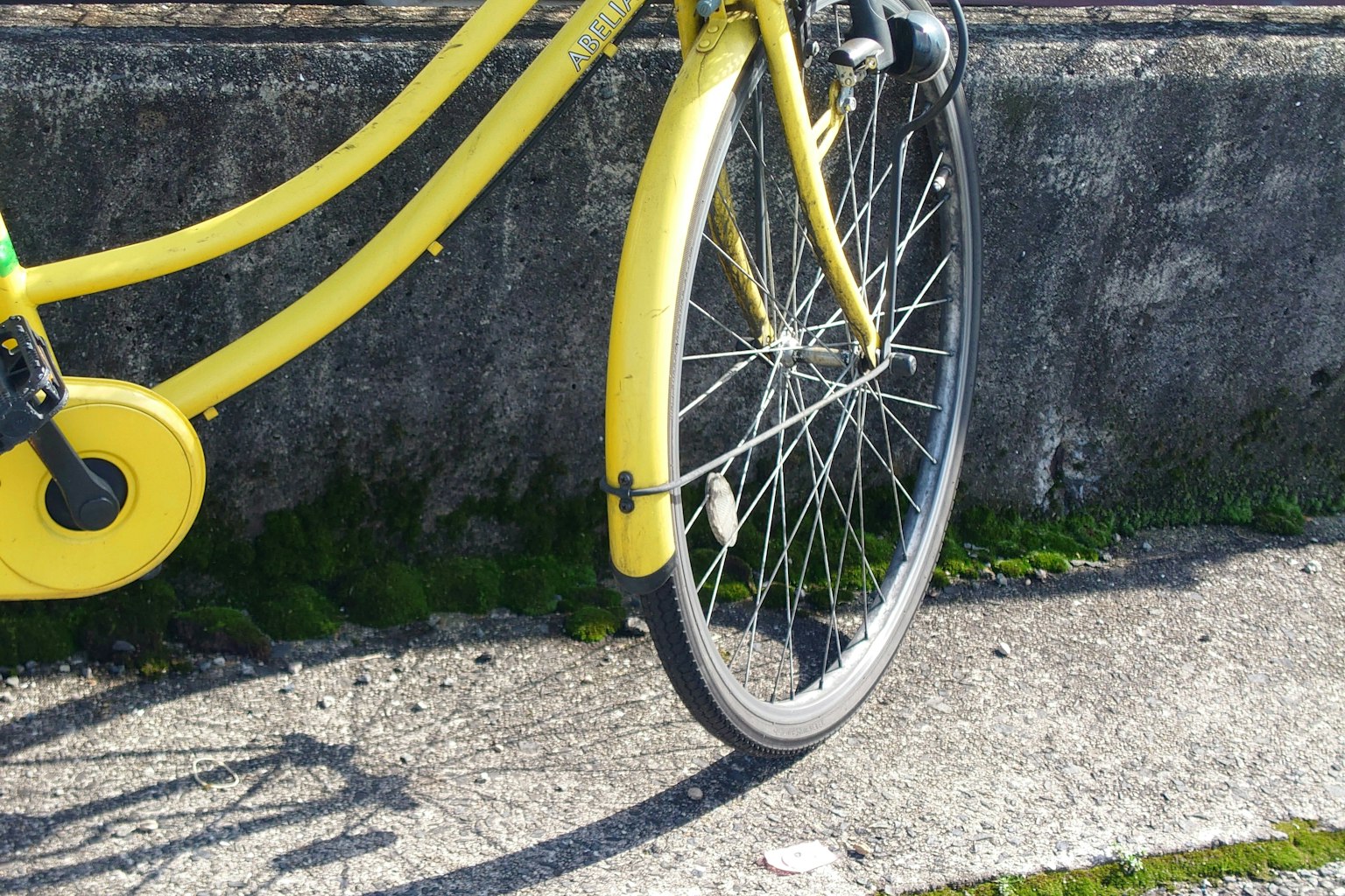 Gambar yang menunjukkan roda depan dan rangka sepeda kuning