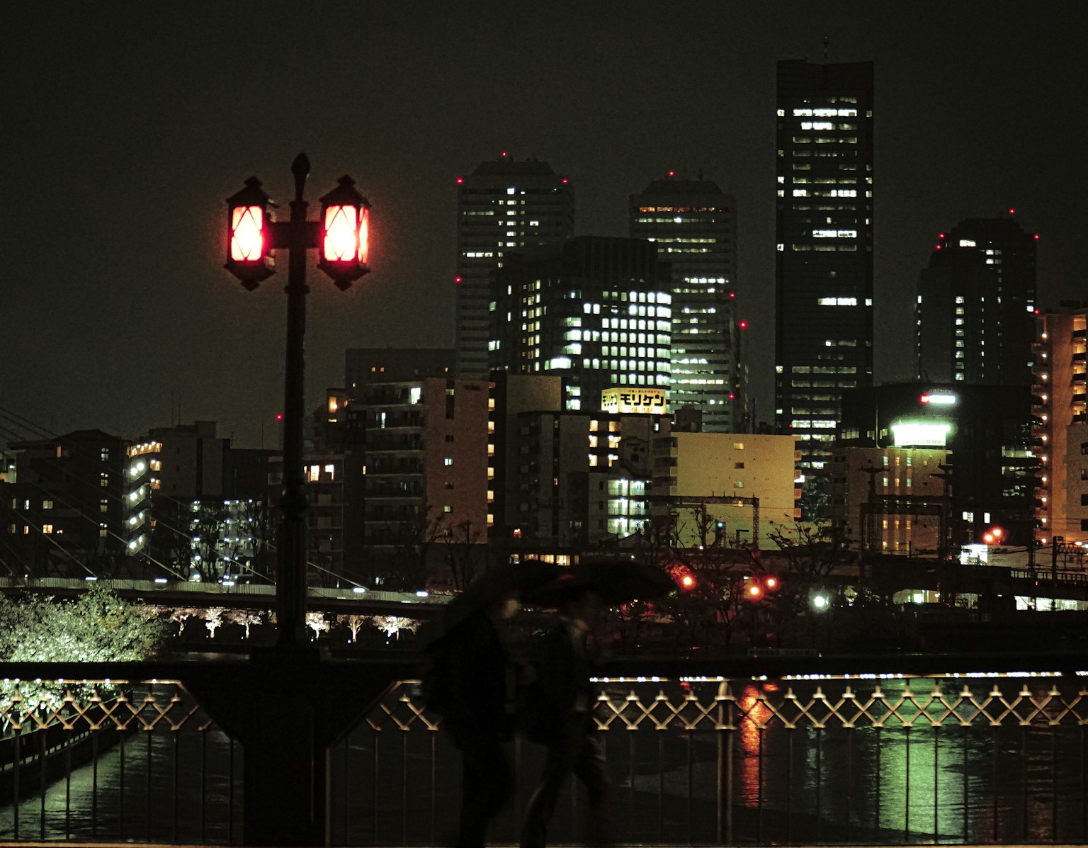 夜晚城市景观与河边的人