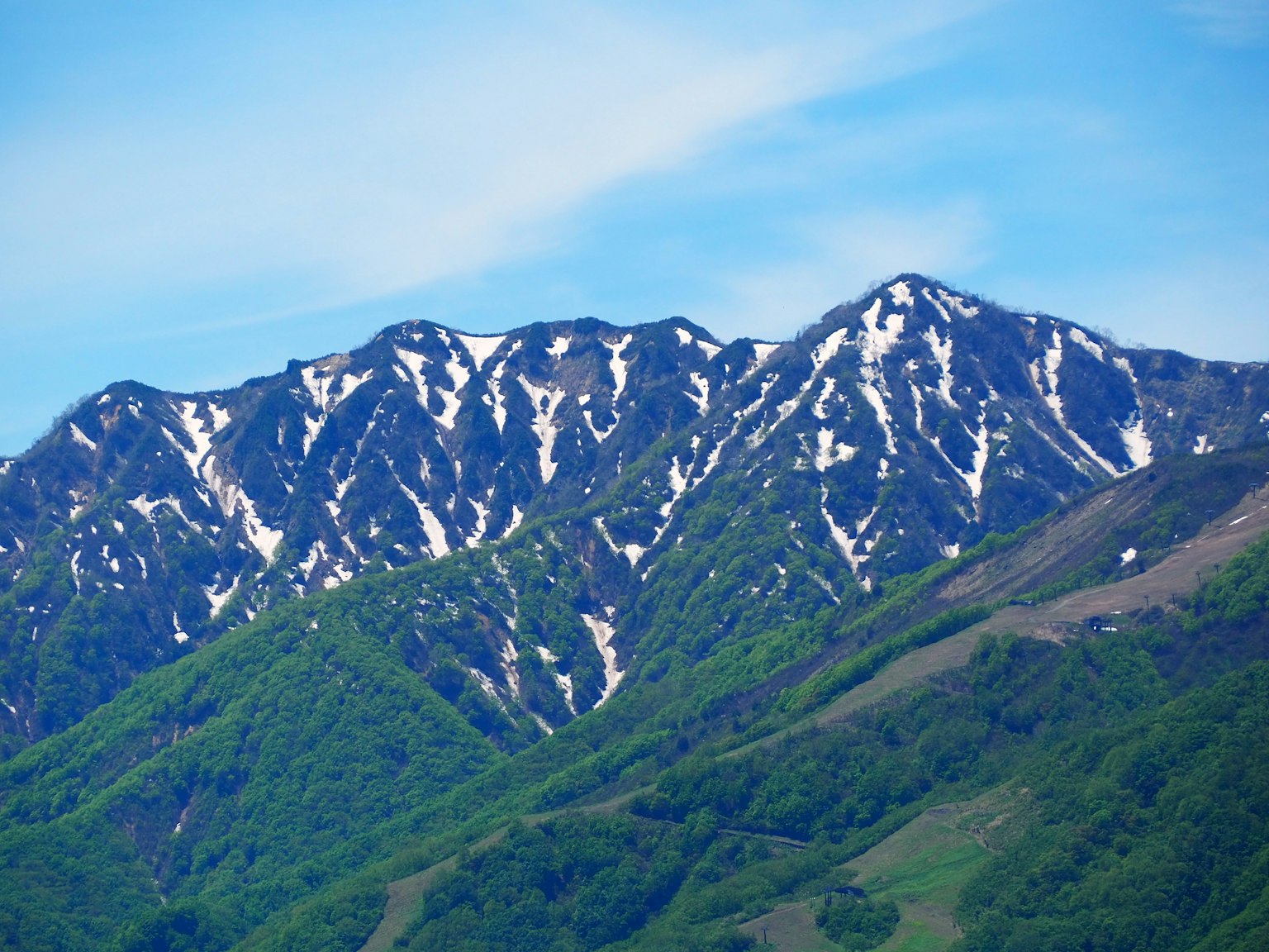 Paysage magnifique avec des montagnes enneigées et des pentes verdoyantes
