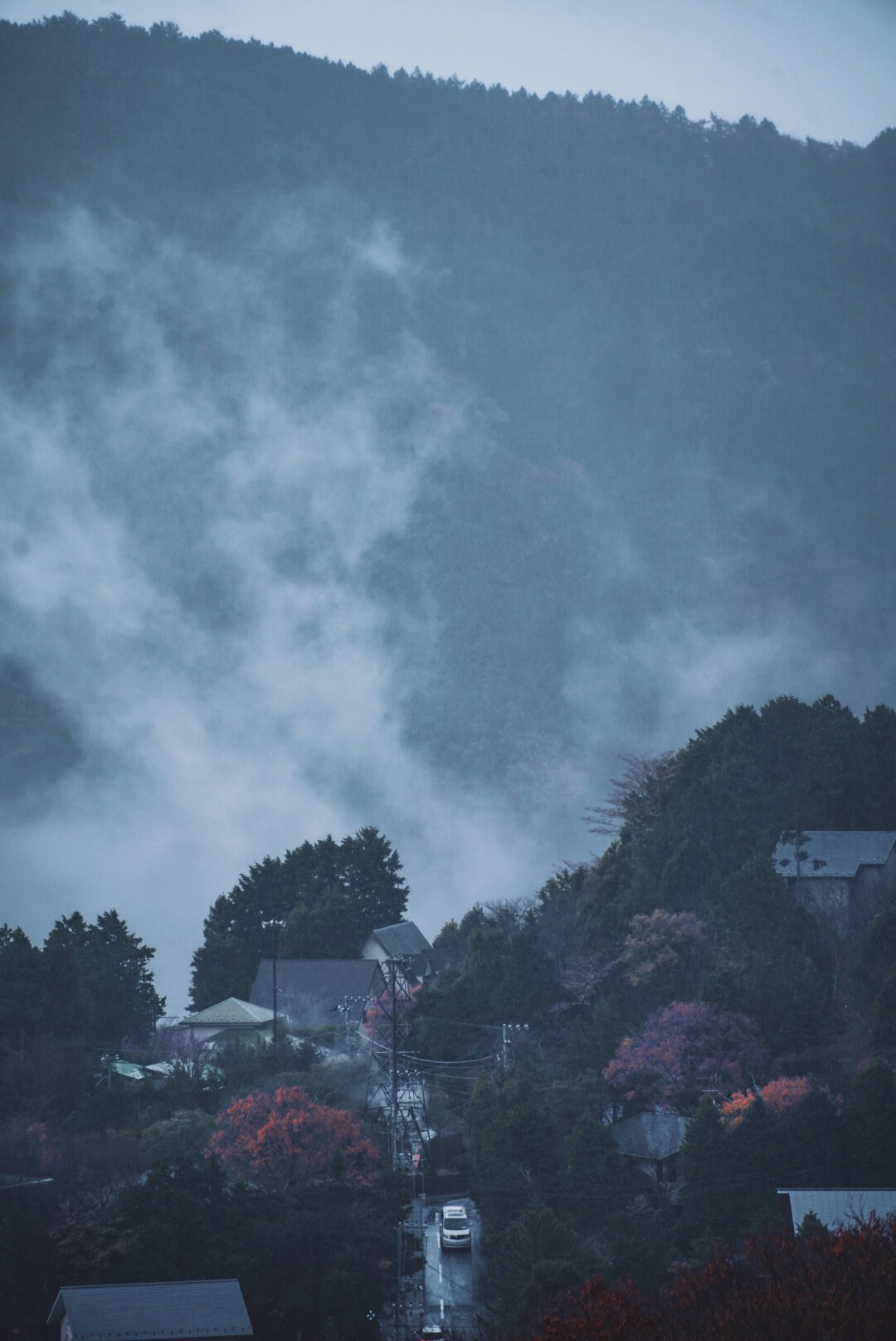 霧のかかった山あいの集落と車のある道