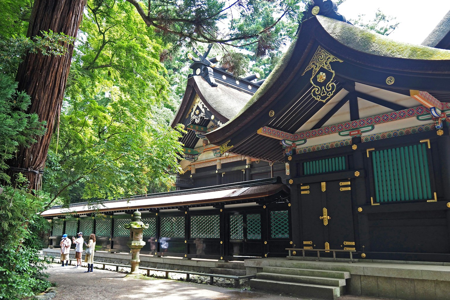 Traditional Japanese shrine building surrounded by greenery