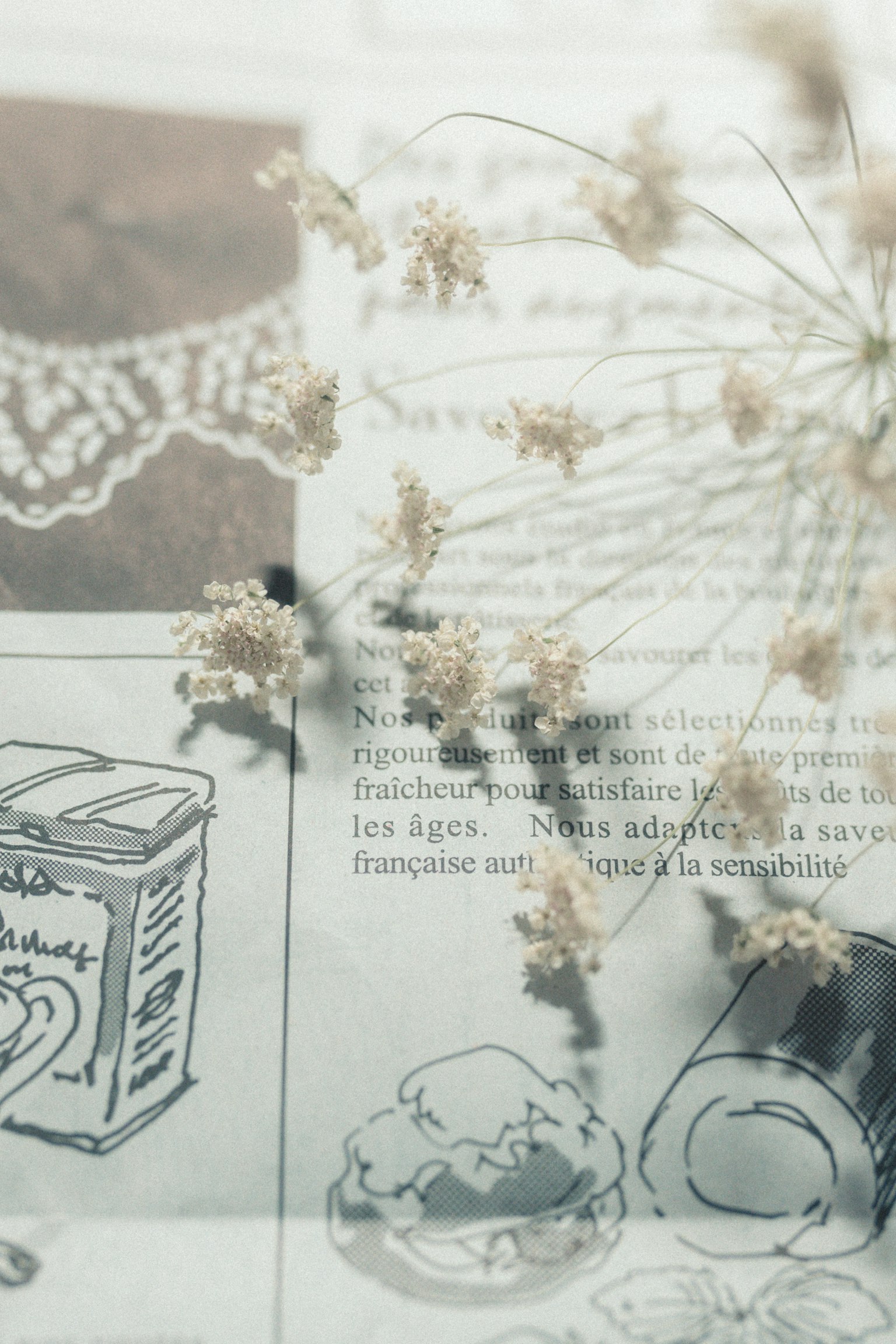 Kolase koran vintage dan ilustrasi dengan bunga putih