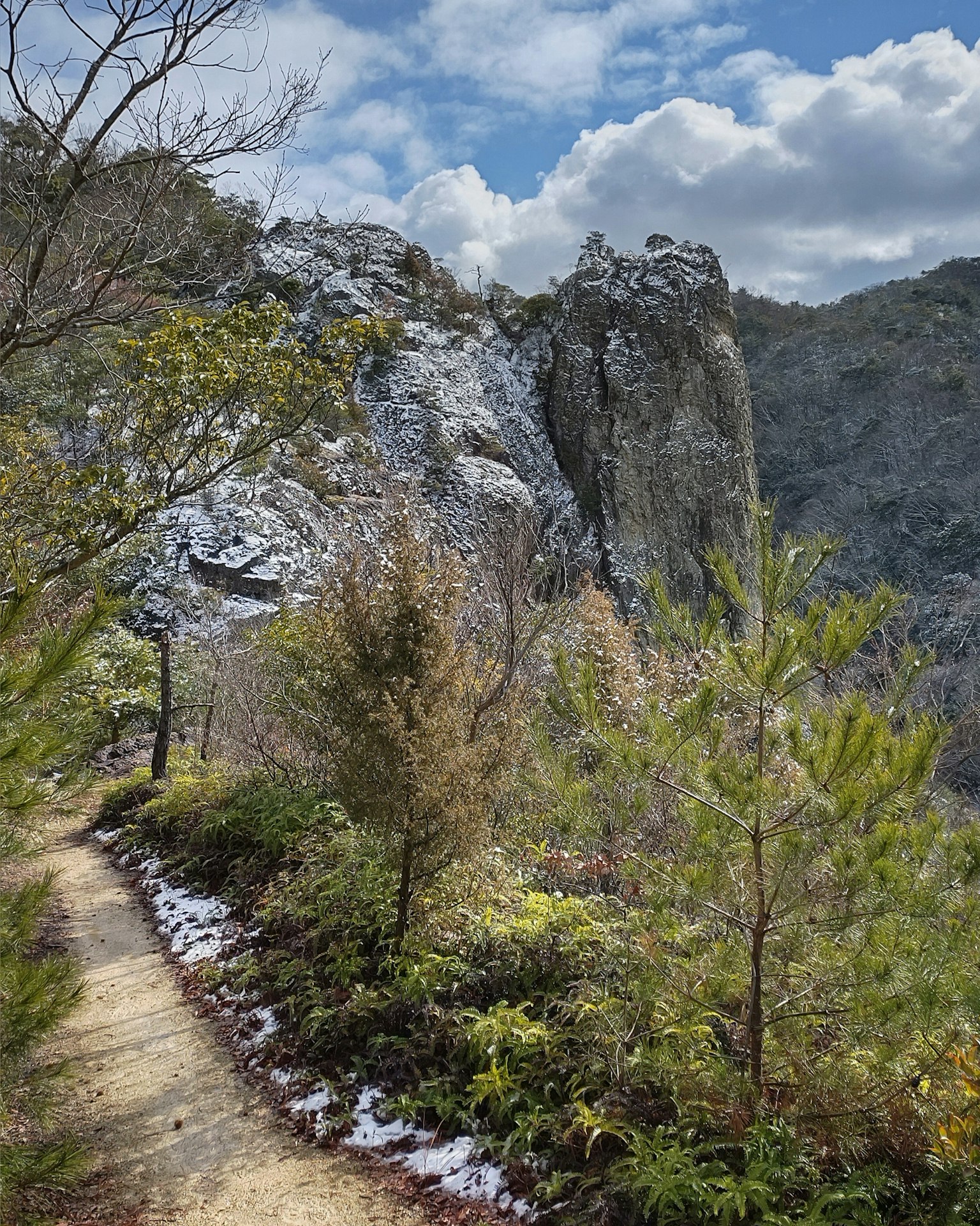Sentiero panoramico con formazioni rocciose imponenti e vegetazione lussureggiante