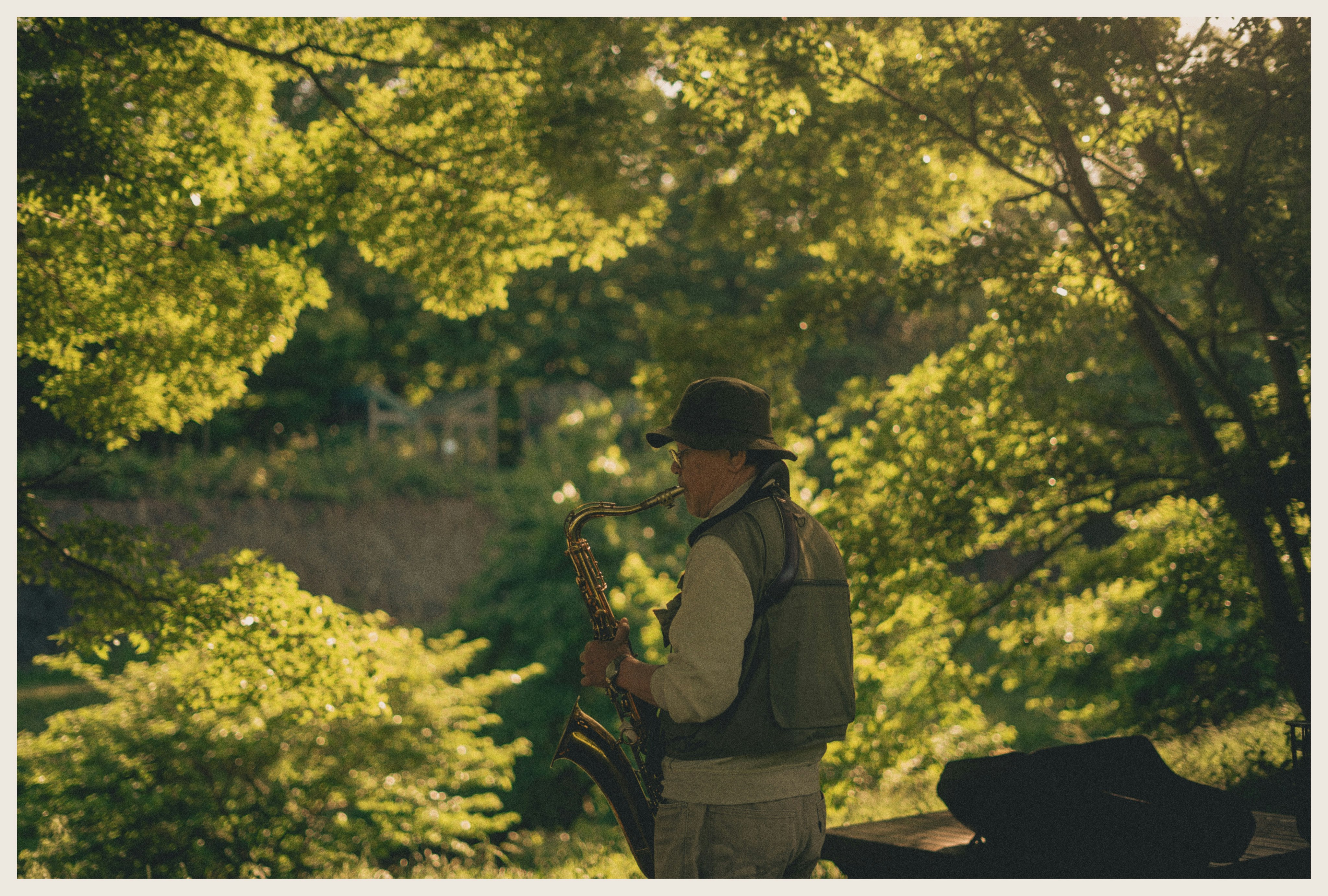 公園の木々の中でサックスを奏でる男性