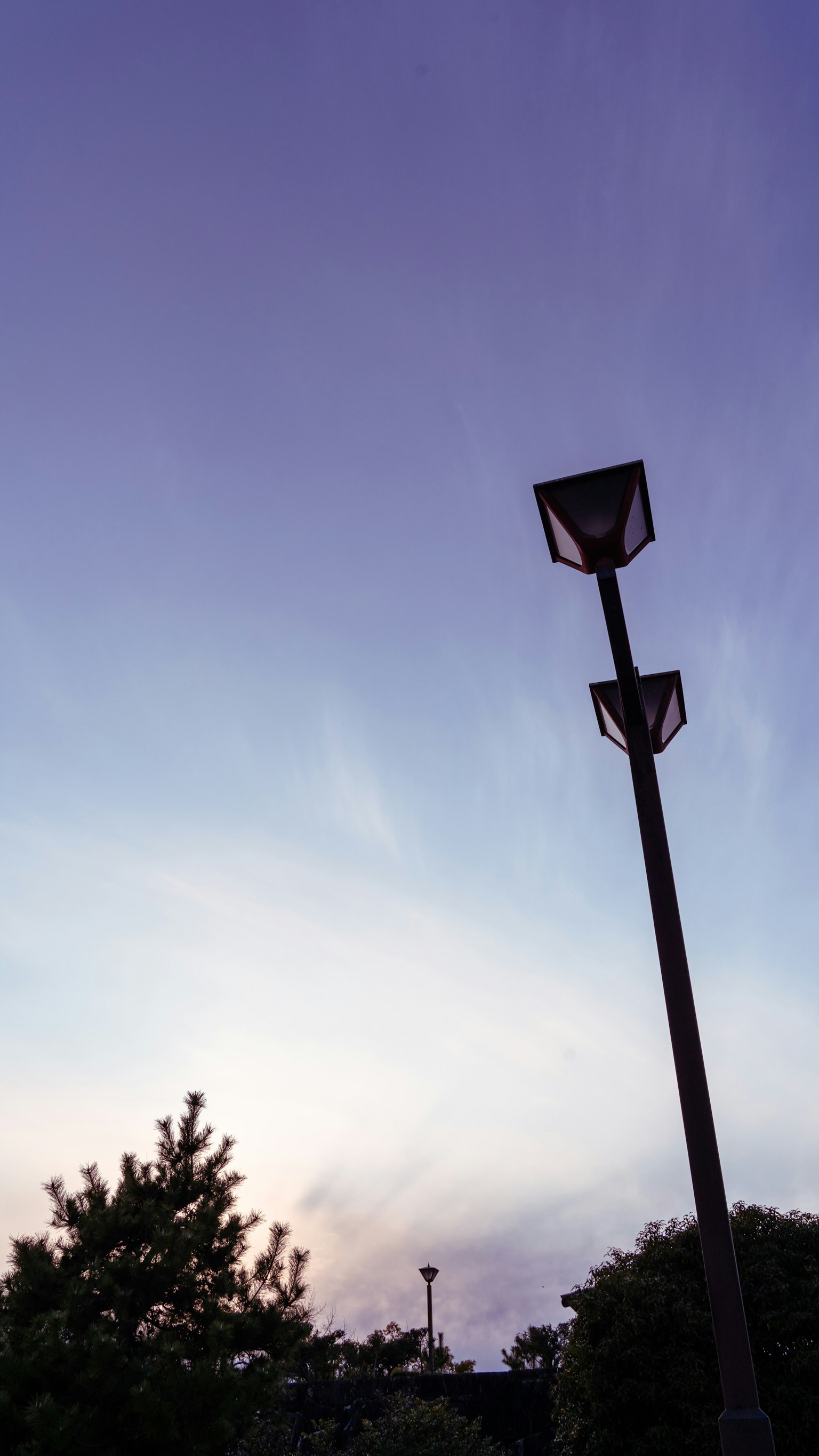 Siluet lampu jalan di latar belakang langit biru ungu saat senja