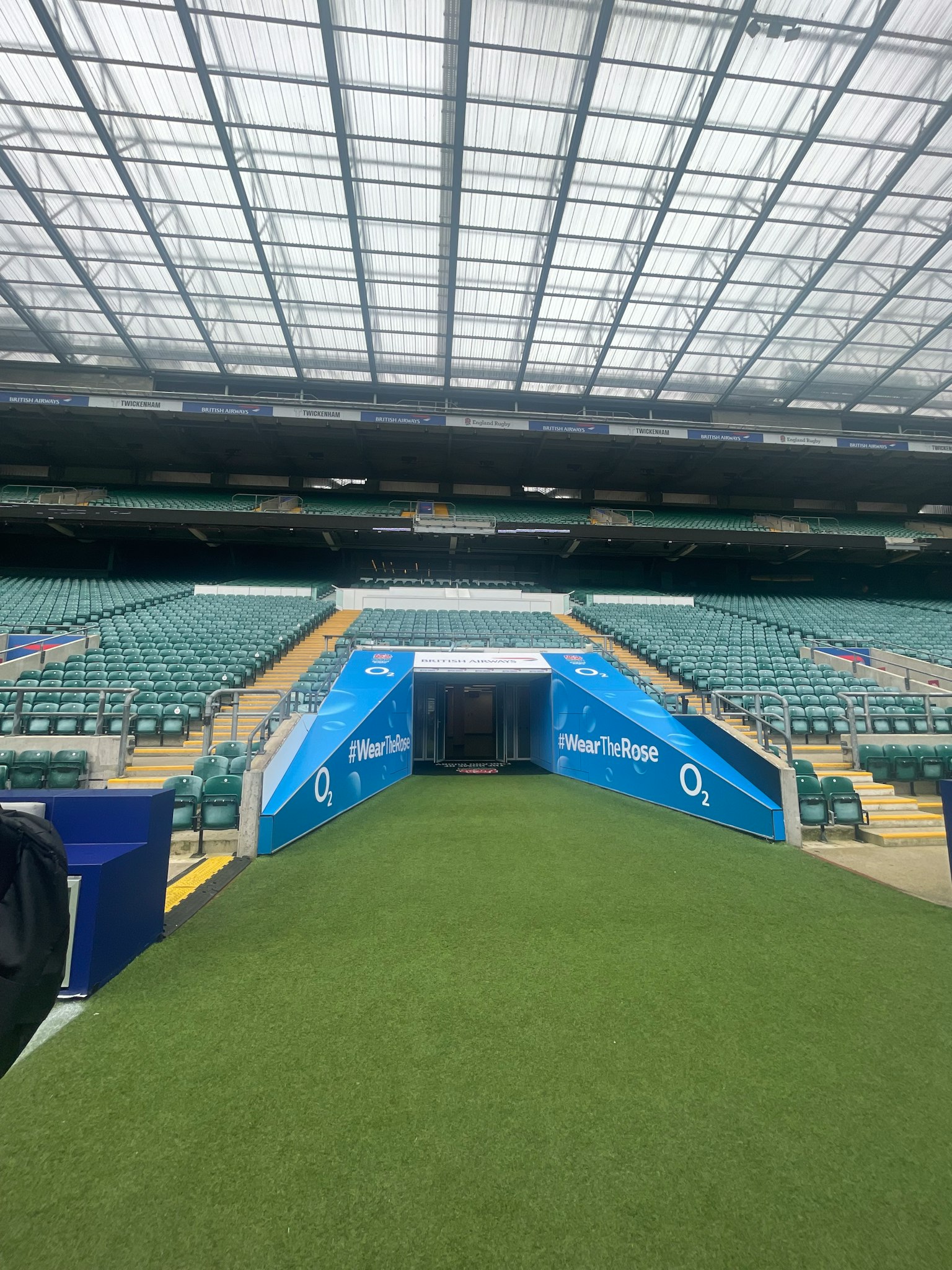 Entrance tunnel at Twickenham Stadium with seating area