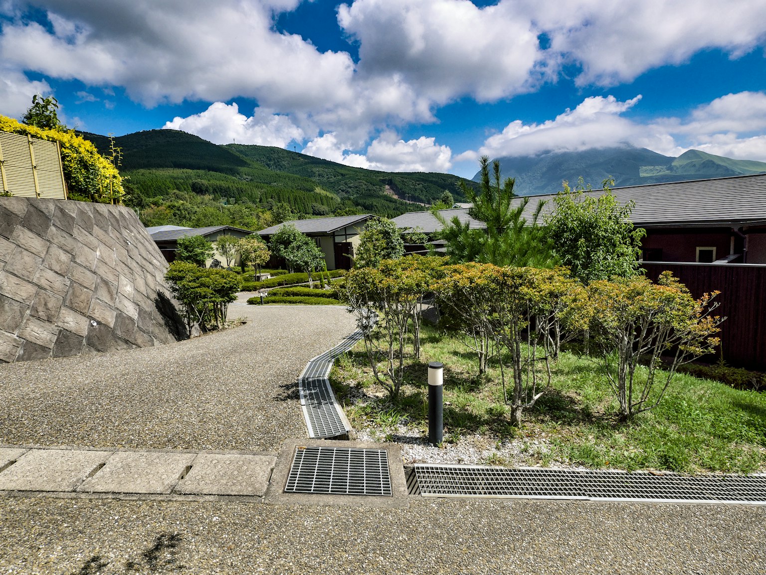 Serene landscape with lush greenery and mountains in the background