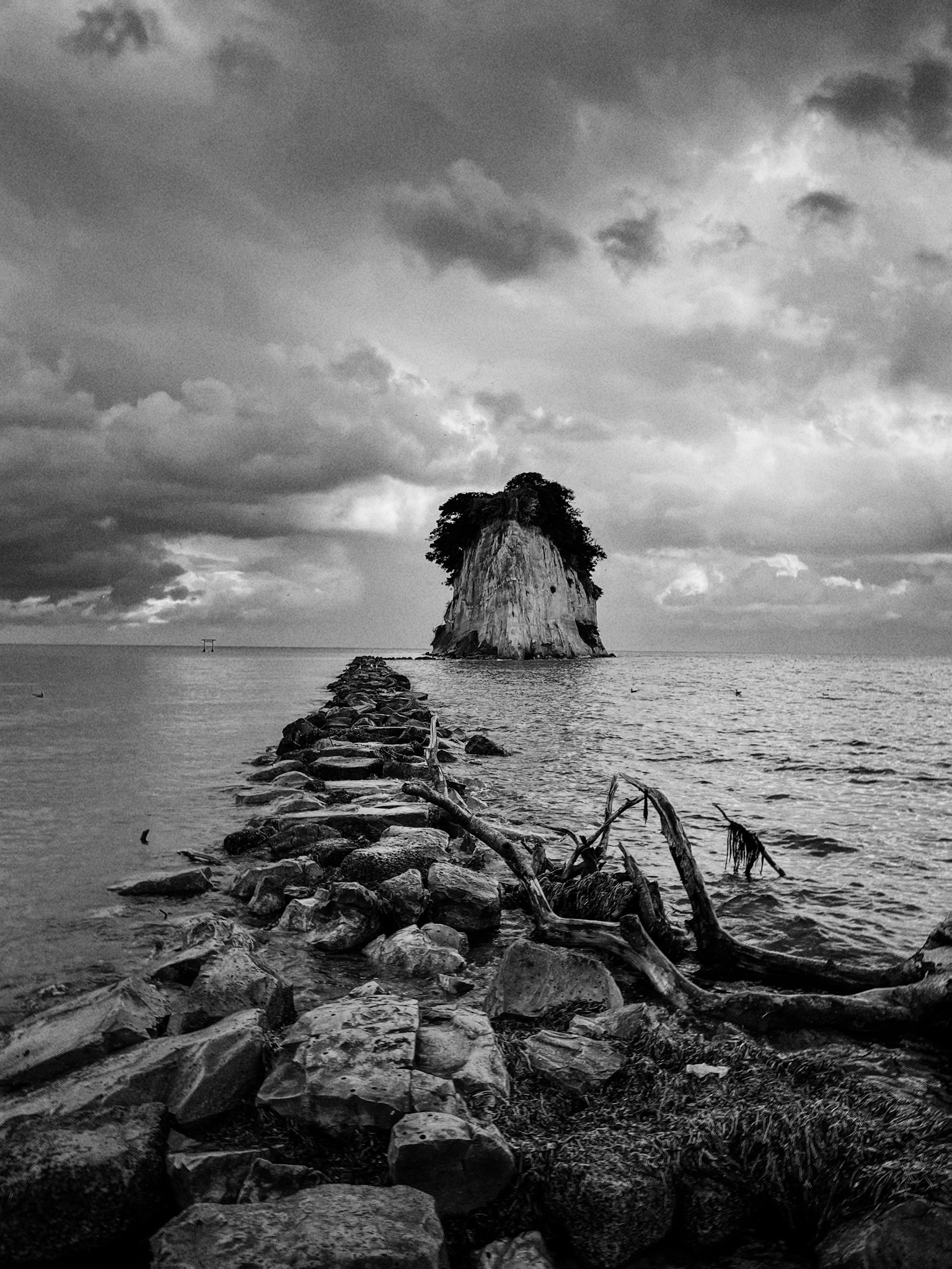 Isolated rock formation in a black and white landscape with turbulent sea