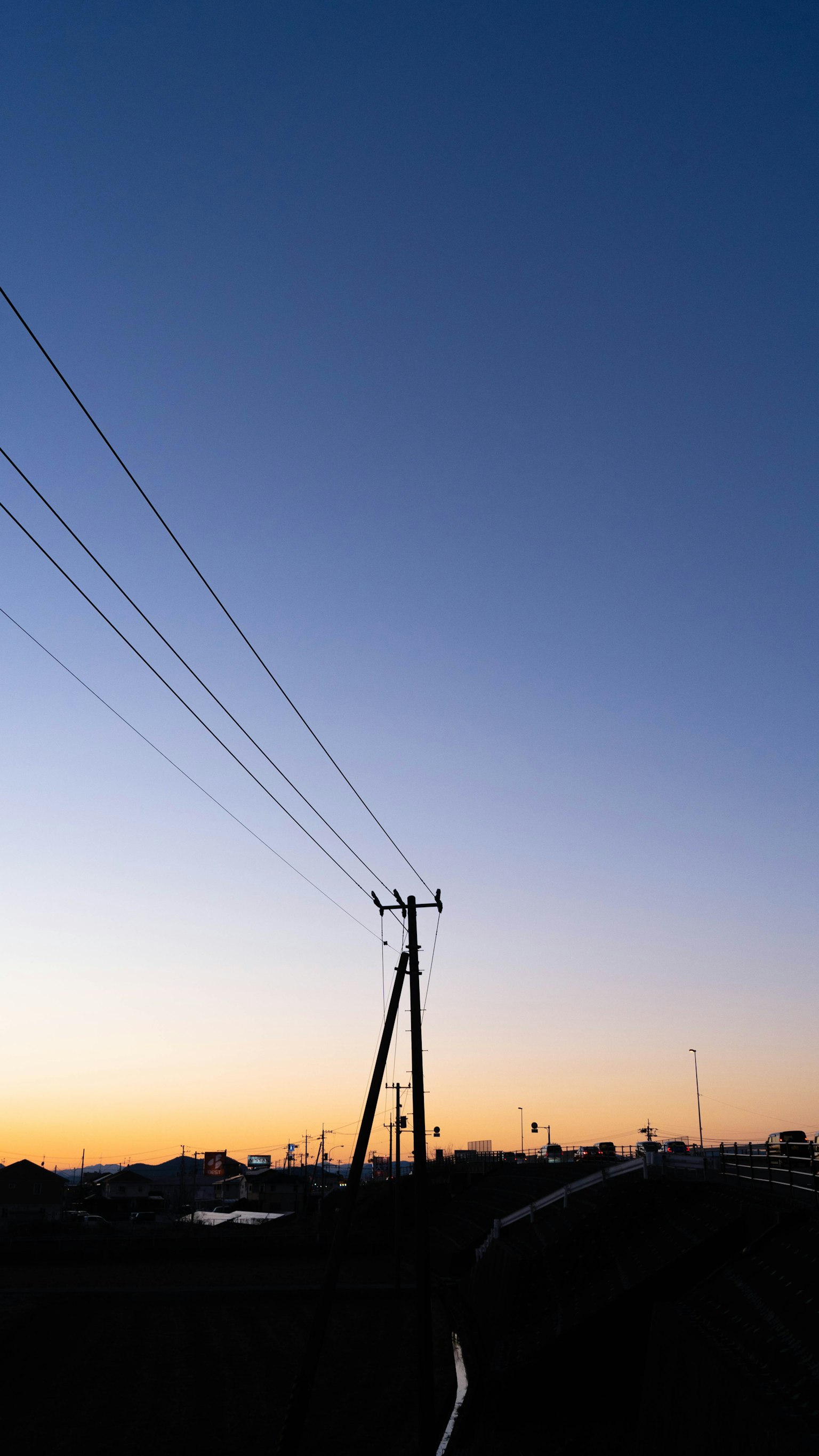 Silhouette di un palo elettrico e linee di alimentazione al crepuscolo