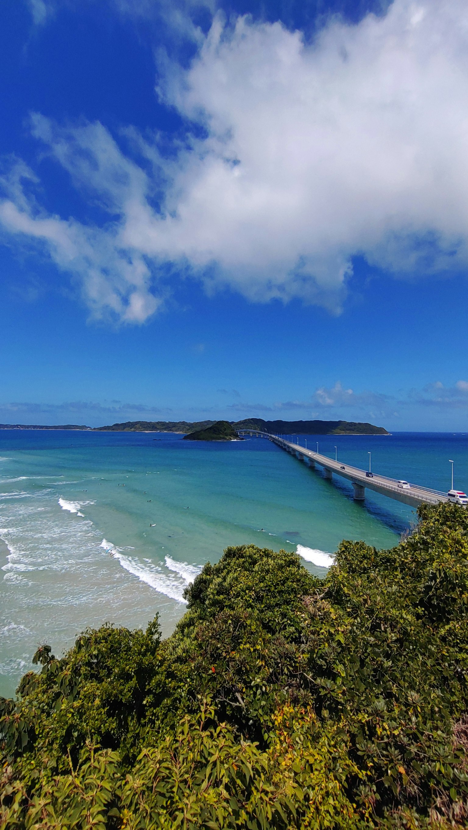 Vista panoramica di un ponte sopra onde oceaniche blu con vegetazione lussureggiante