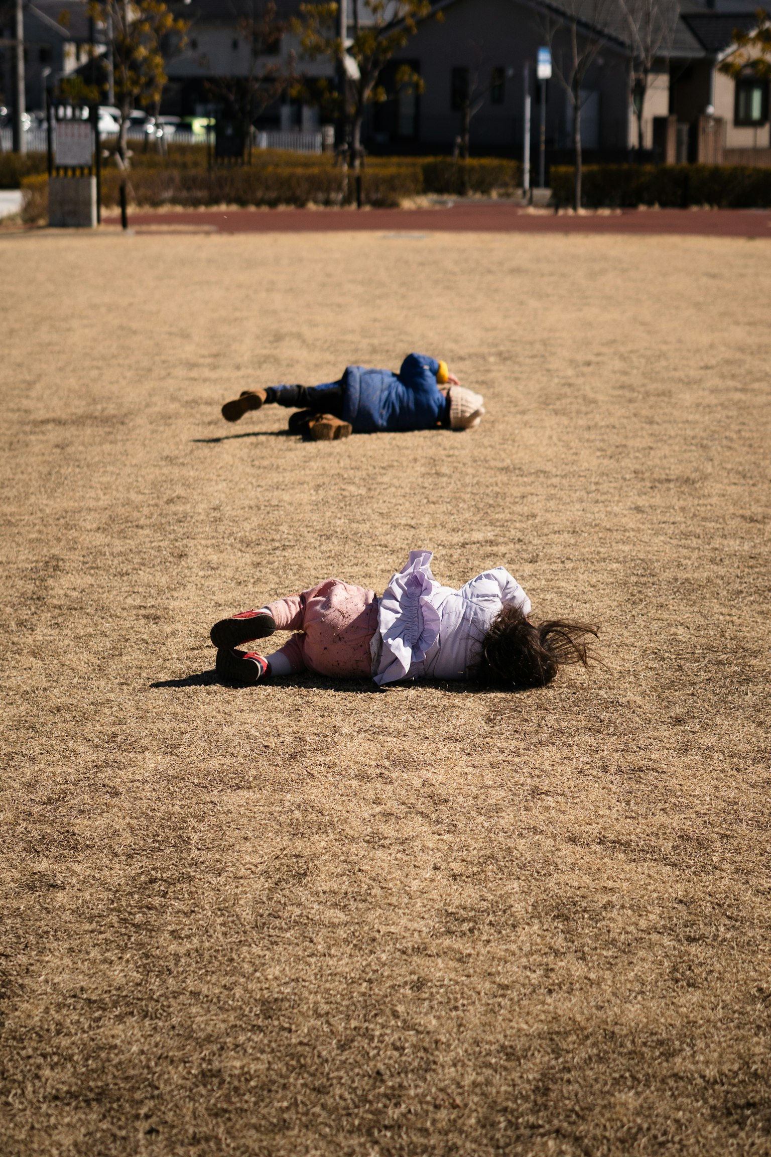 二人の子供が芝生の上で寝転んでいる様子