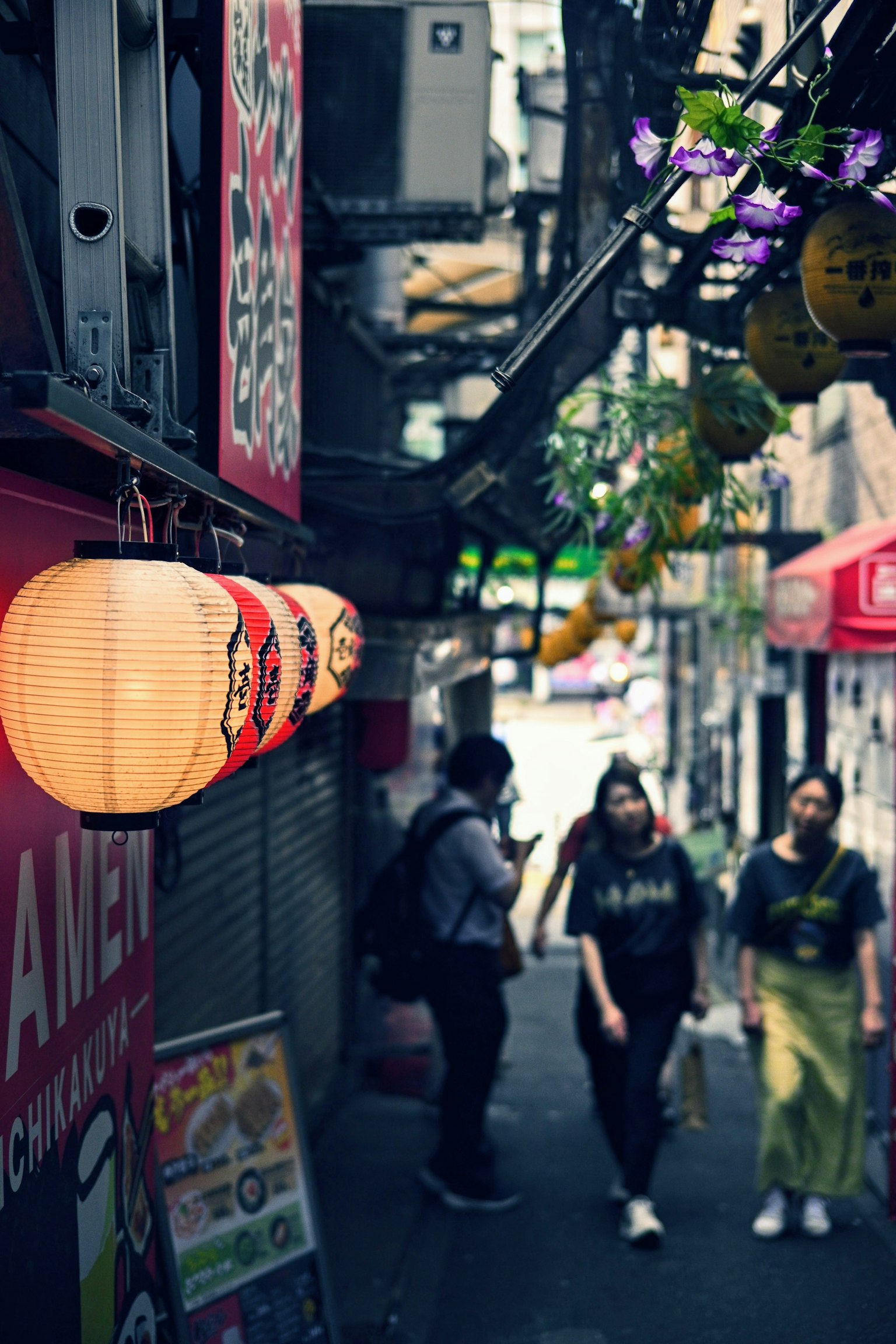 Callejón estrecho con faroles colgantes y turistas en una escena de calle japonesa