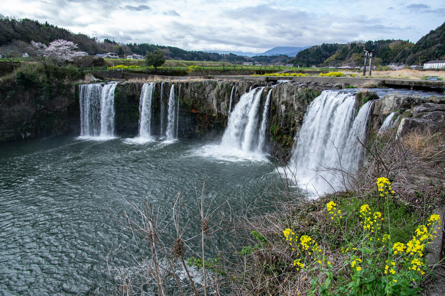 Vista panoramica di cascate che si tuffano in un fiume circondato da vegetazione