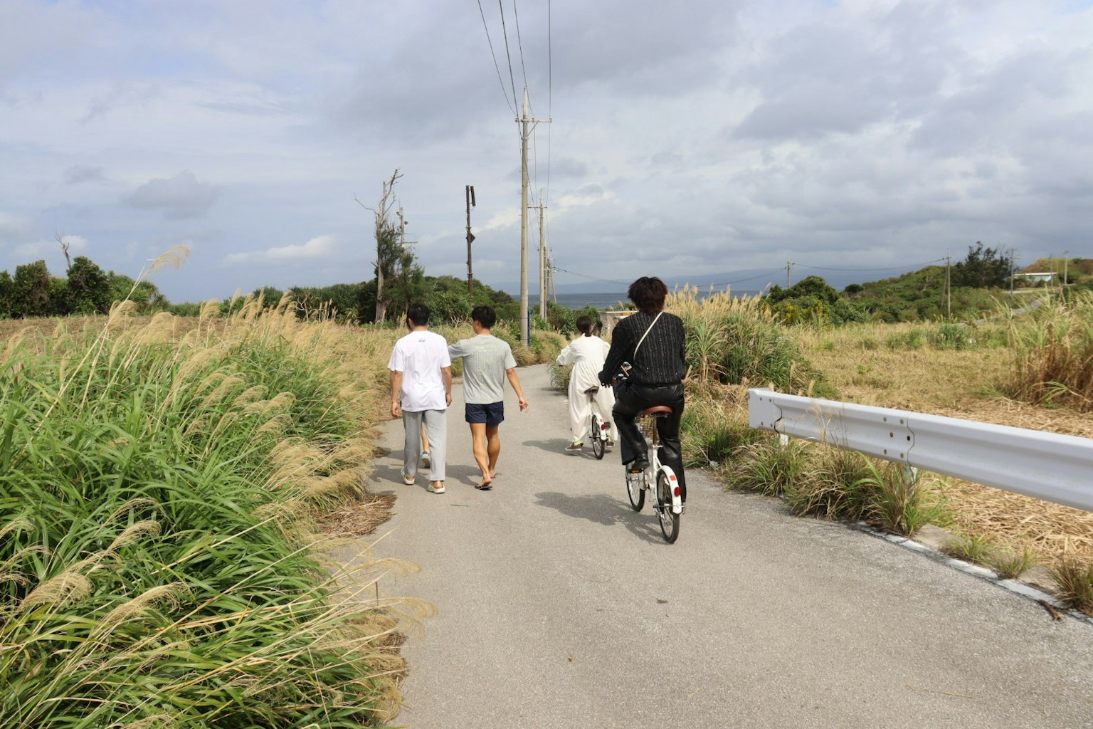 人們在鄉間小路上走，旁邊有一輛自行車