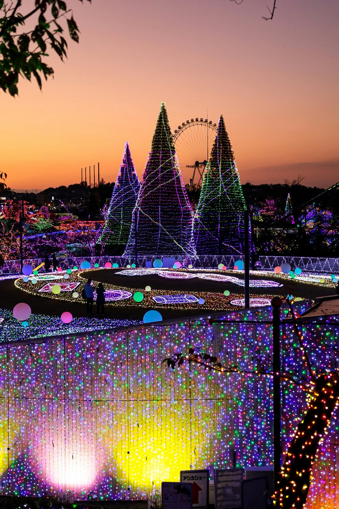 イルミネーションで彩られた噴水と光のアーチのある夜景