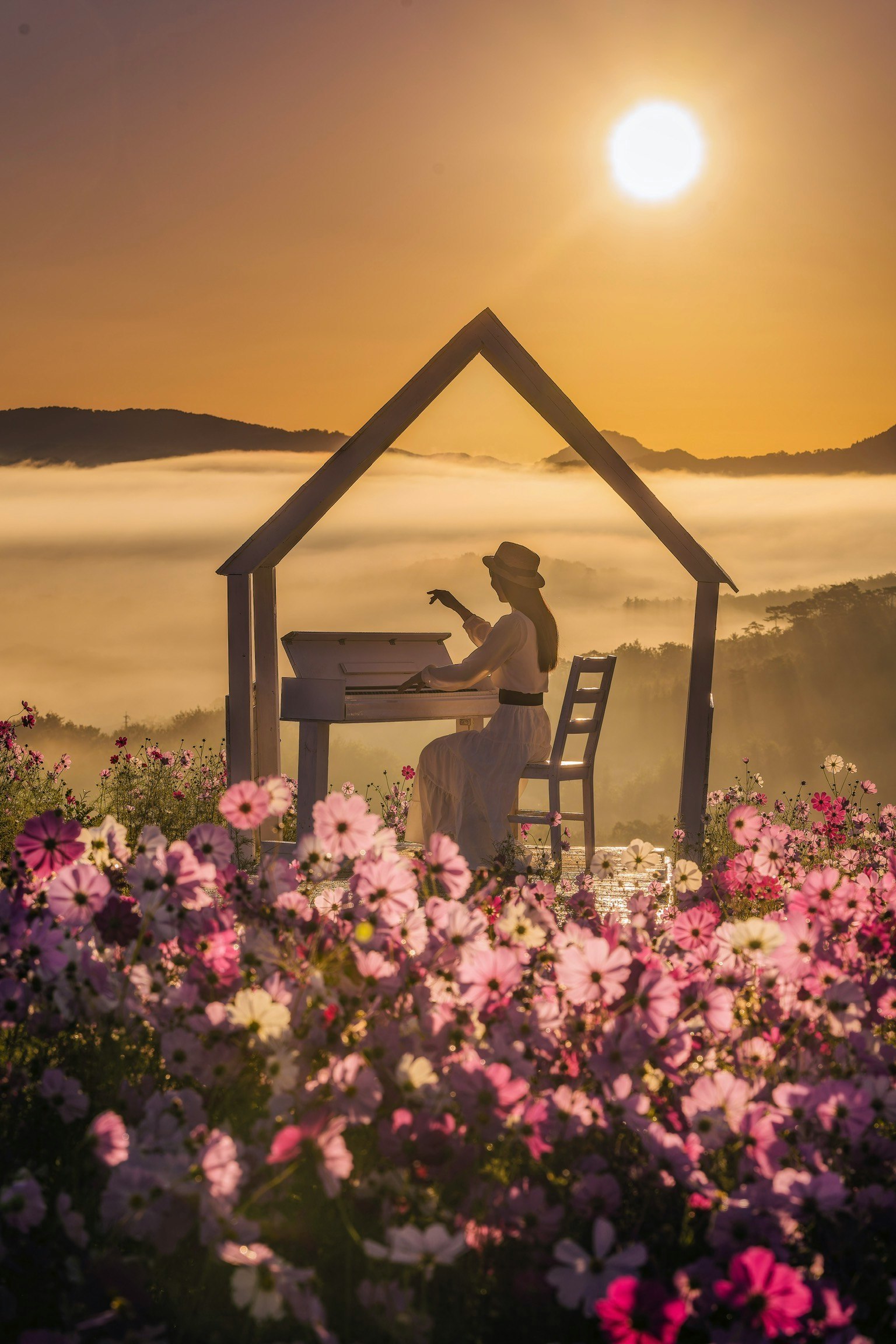 Una donna che suona uno strumento circondata da fiori vibranti al tramonto