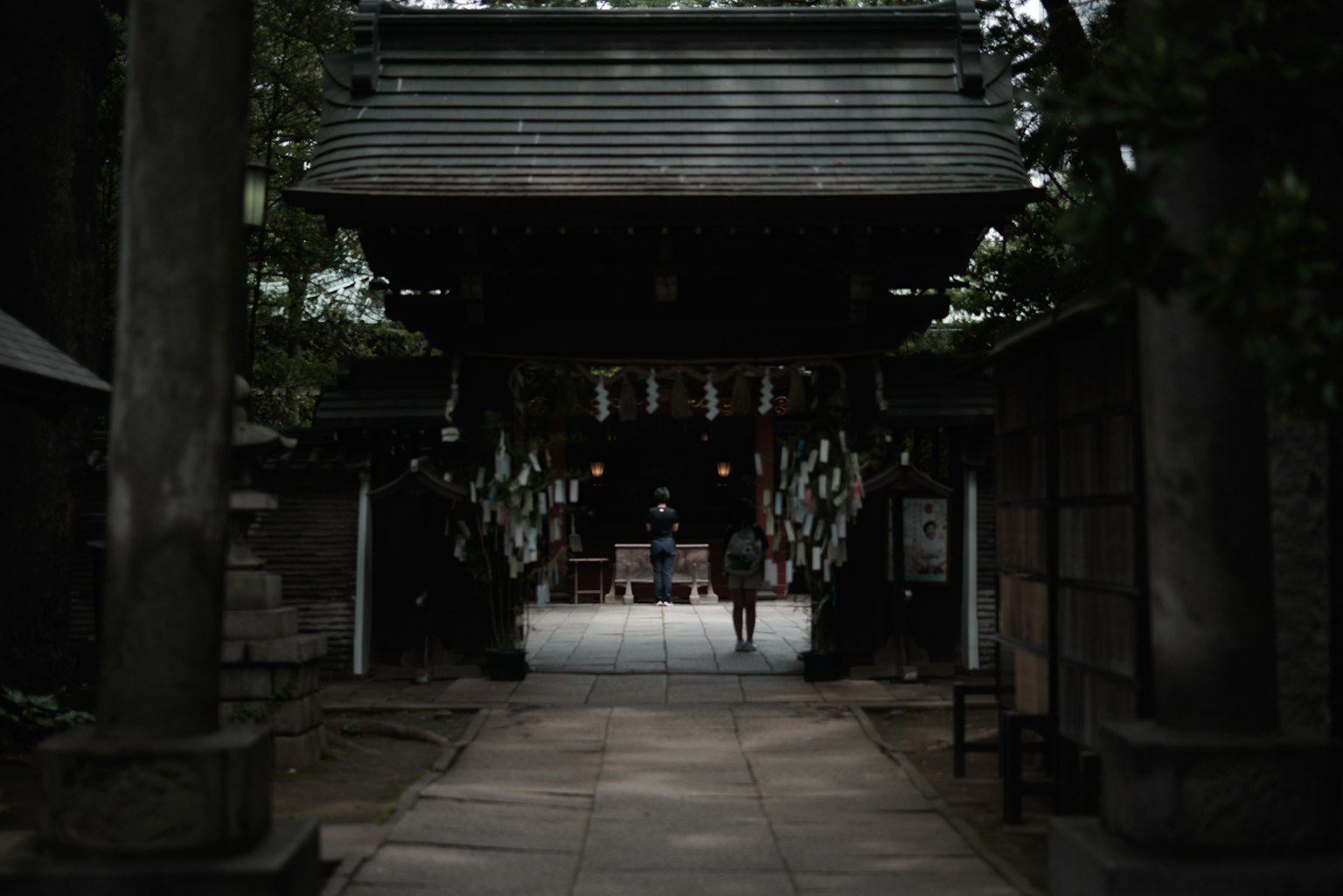 A person standing at the entrance of a shrine with a dark atmosphere