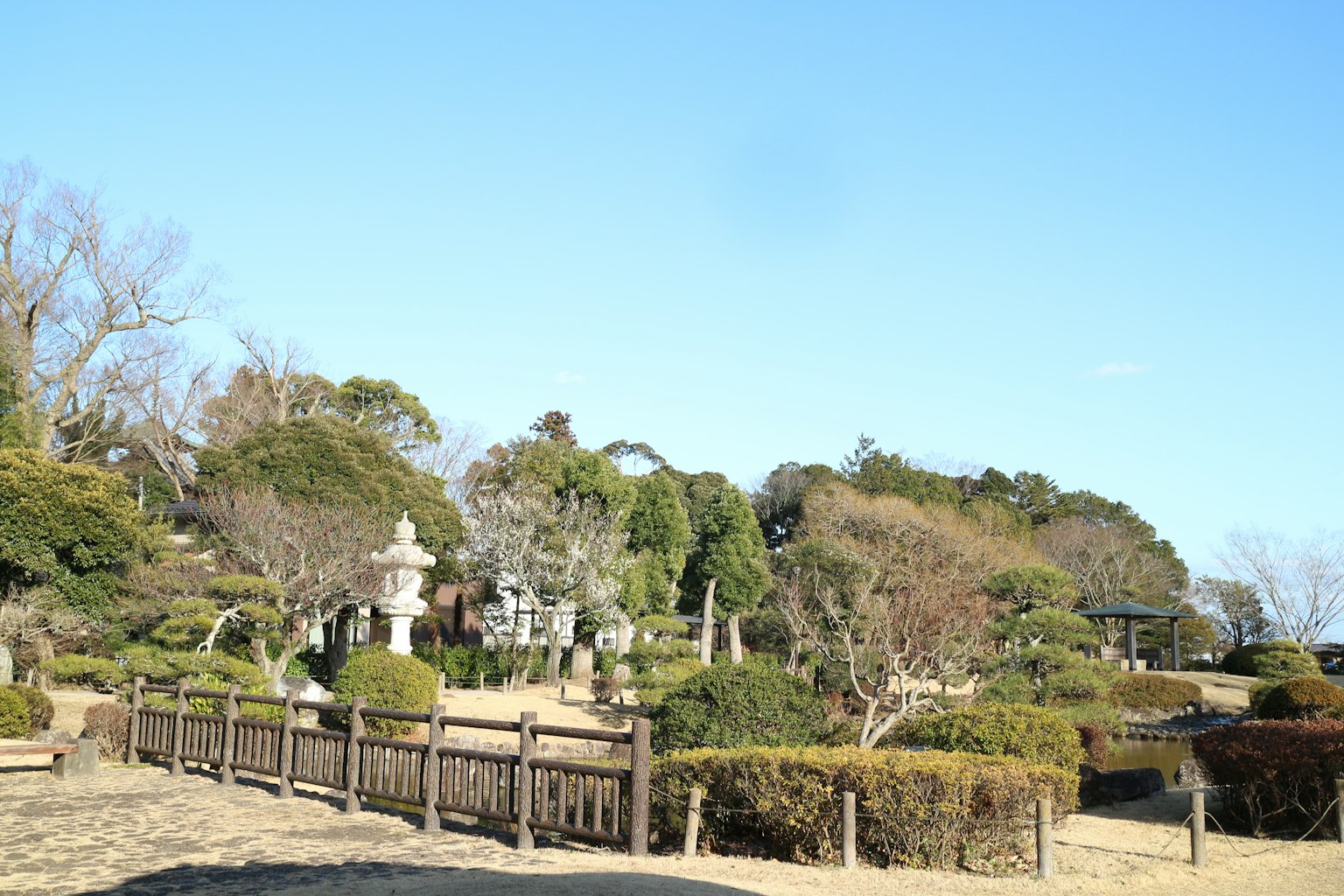 寧靜的花園場景在晴朗的藍天下有一座橋和石燈籠