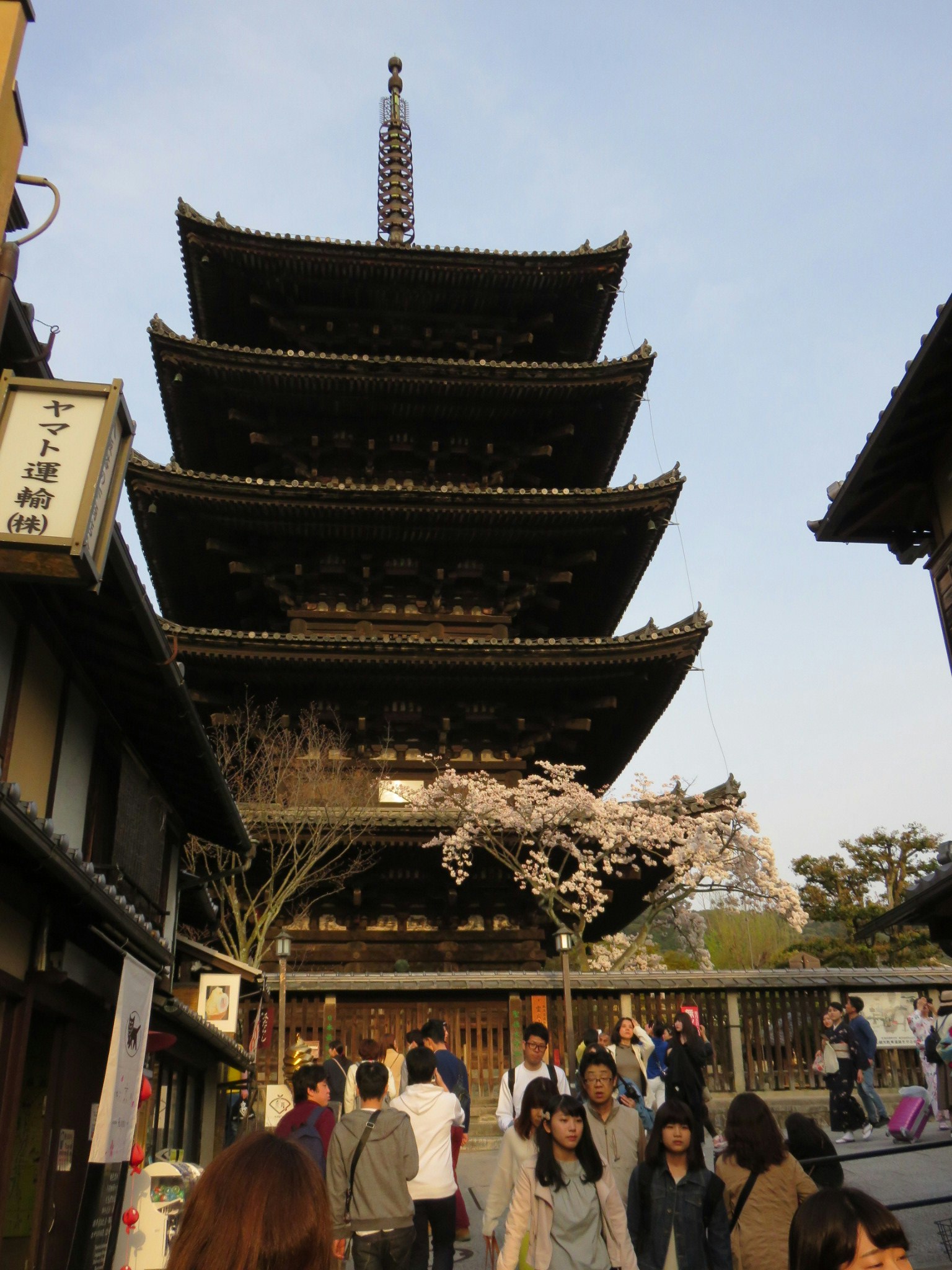 Una calle concurrida con una pagoda de cinco pisos y un árbol de cerezo en flor