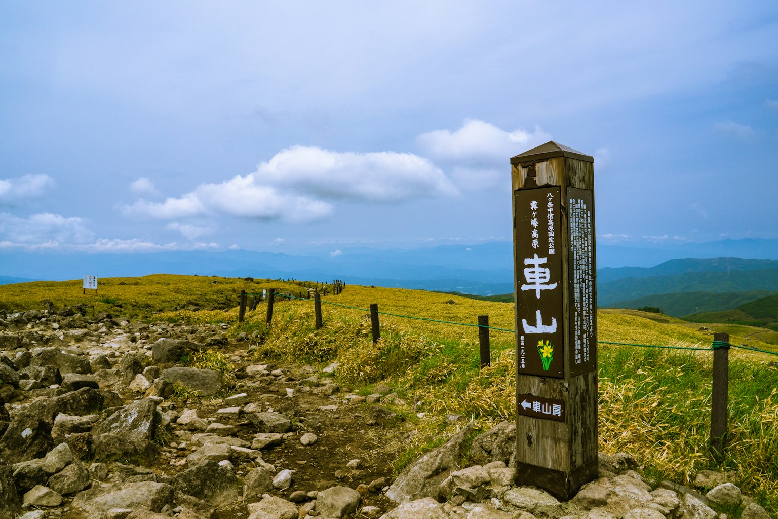 ป้ายบอกทางสำหรับ Kusayama พร้อมทิวทัศน์ทุ่งหญ้า