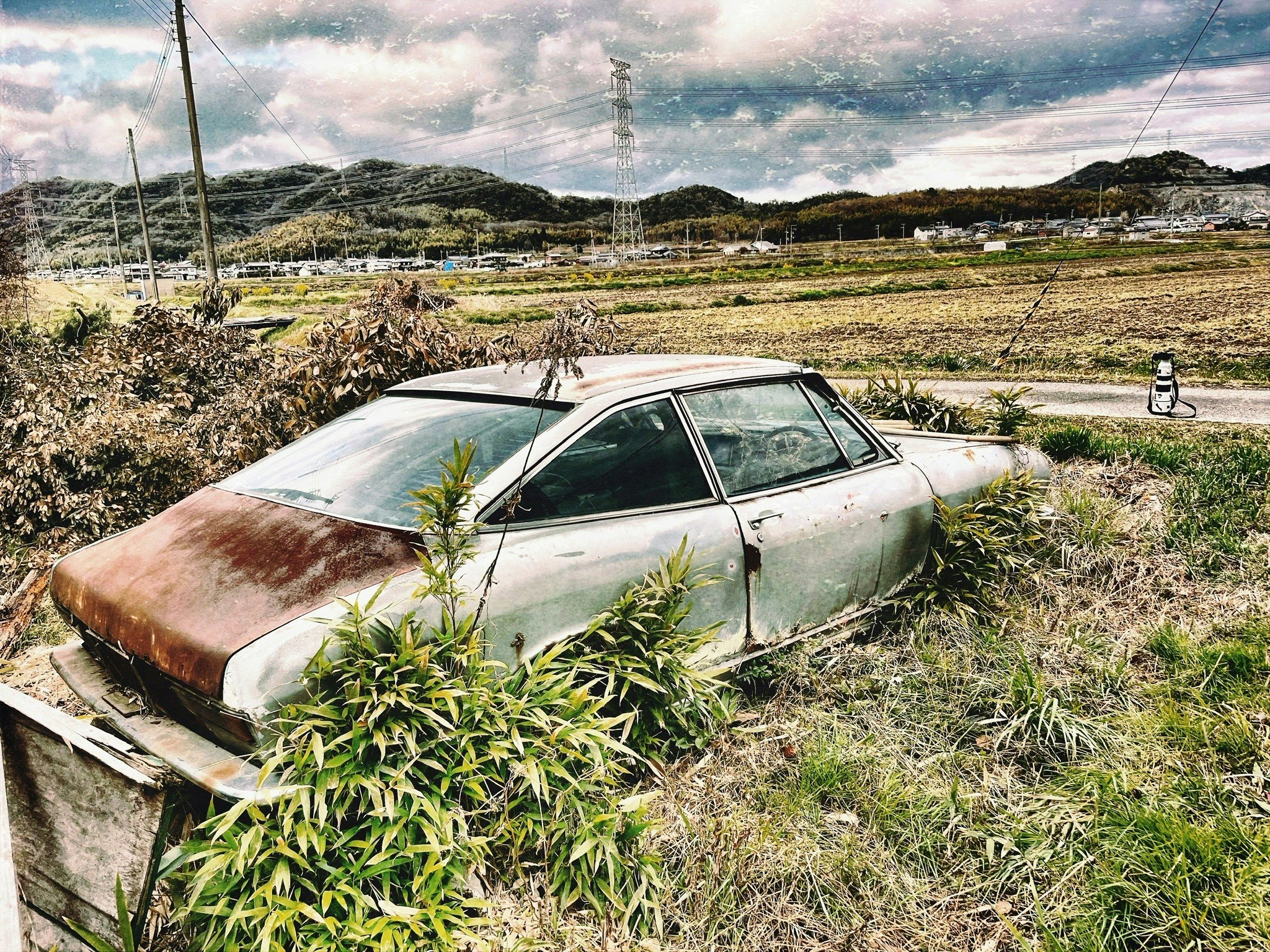 草地に放置された錆びたクラシックカーのある風景