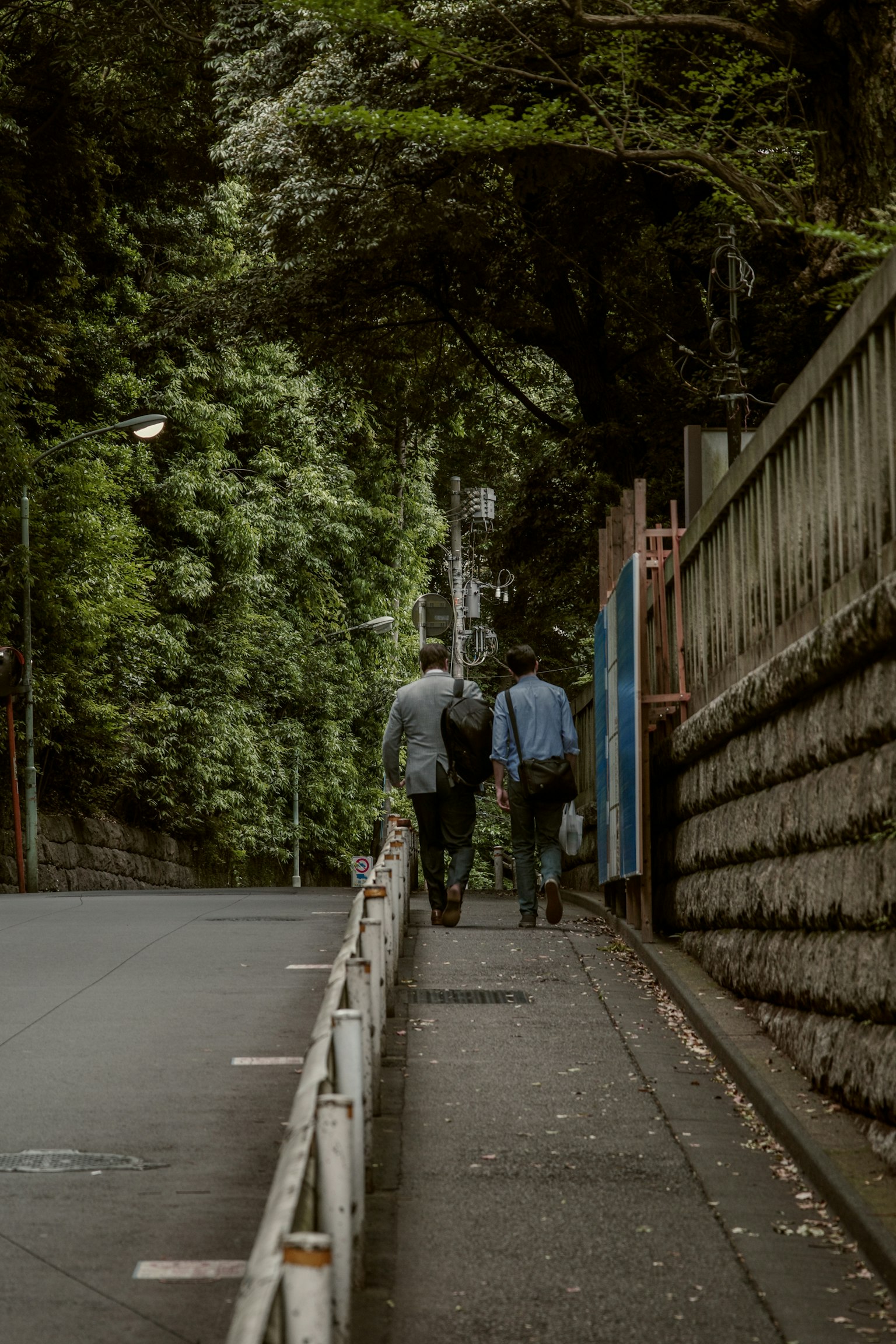 两名男子走在树木环绕的小路上