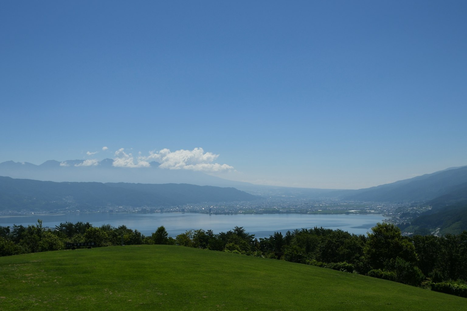 蓝天和湖泊的美景 前景是绿色草地和远处的山脉