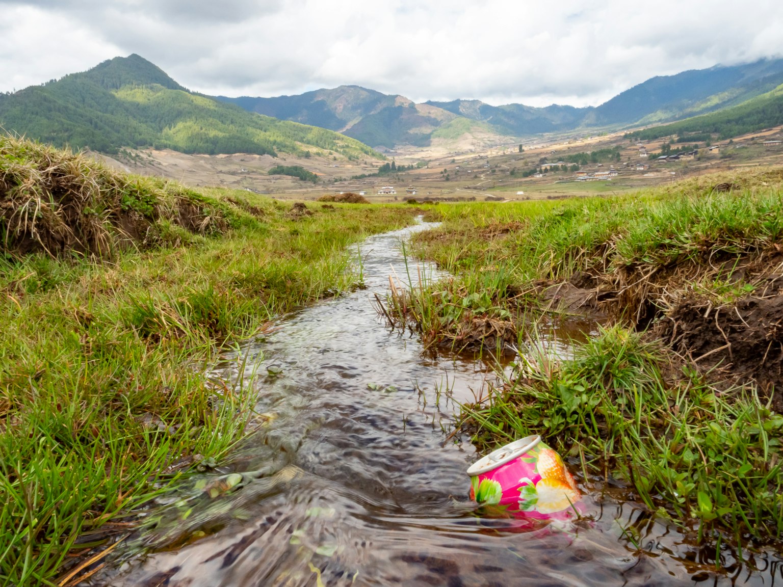Aliran sungai yang mengalir melalui rumput hijau dengan cangkir yang dibuang di lanskap yang indah