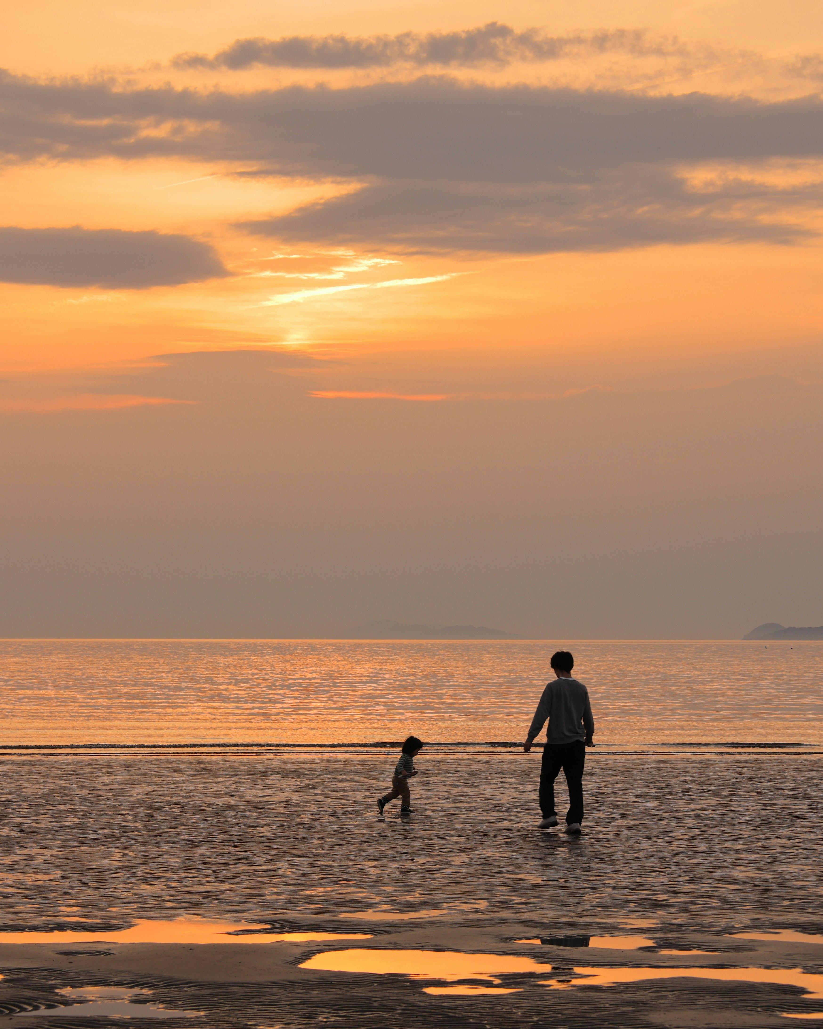 夕日後の海辺で親子が歩くシーン