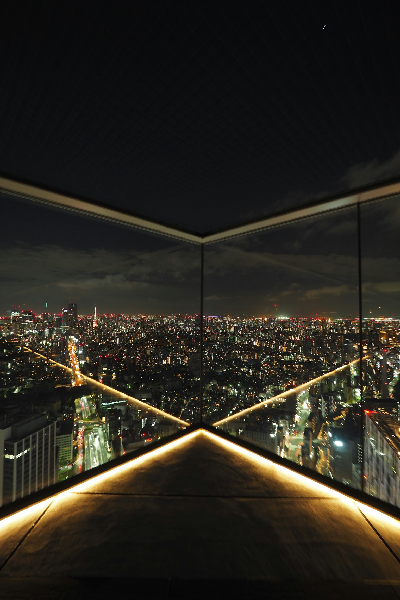 Interior view of an observation deck overlooking Tokyo at night