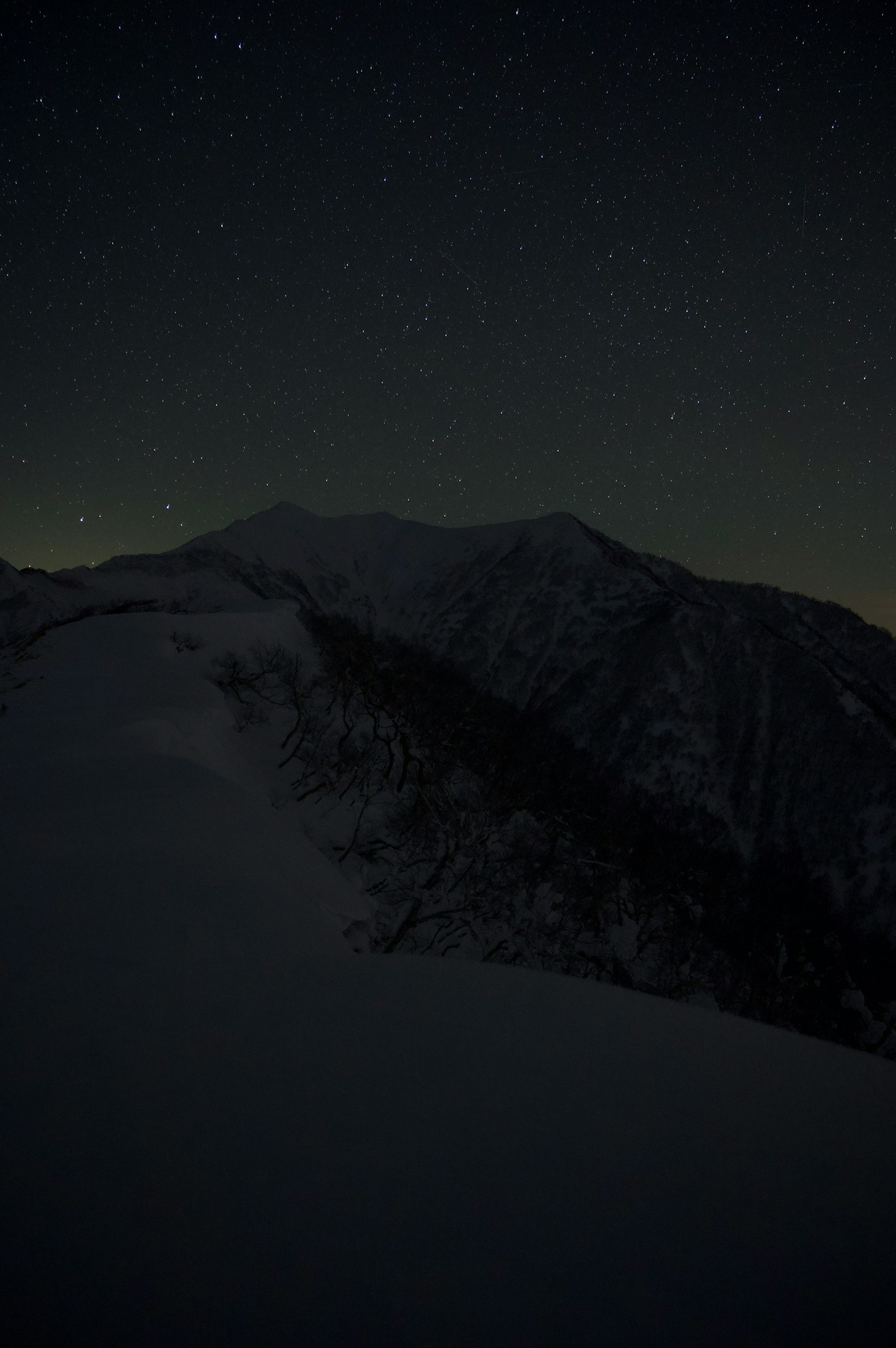 Silhouette of a snow-covered mountain under a starry night sky
