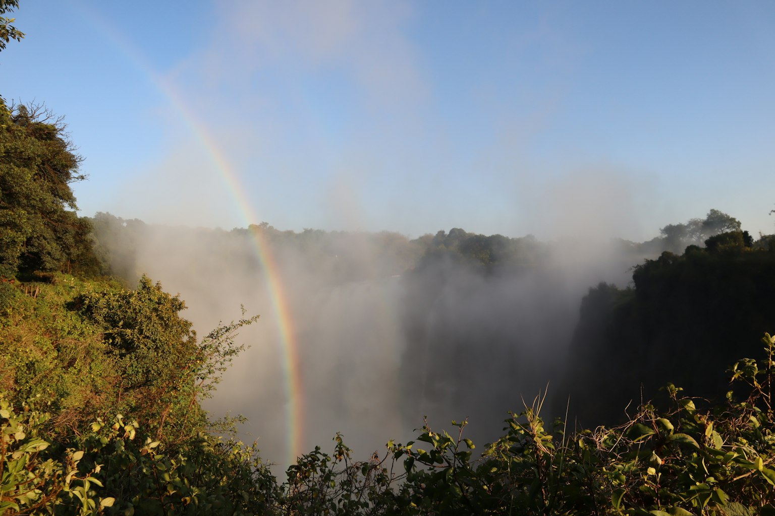 Una vista panoramica di una cascata con un arcobaleno e nebbia tra gli alberi verdi