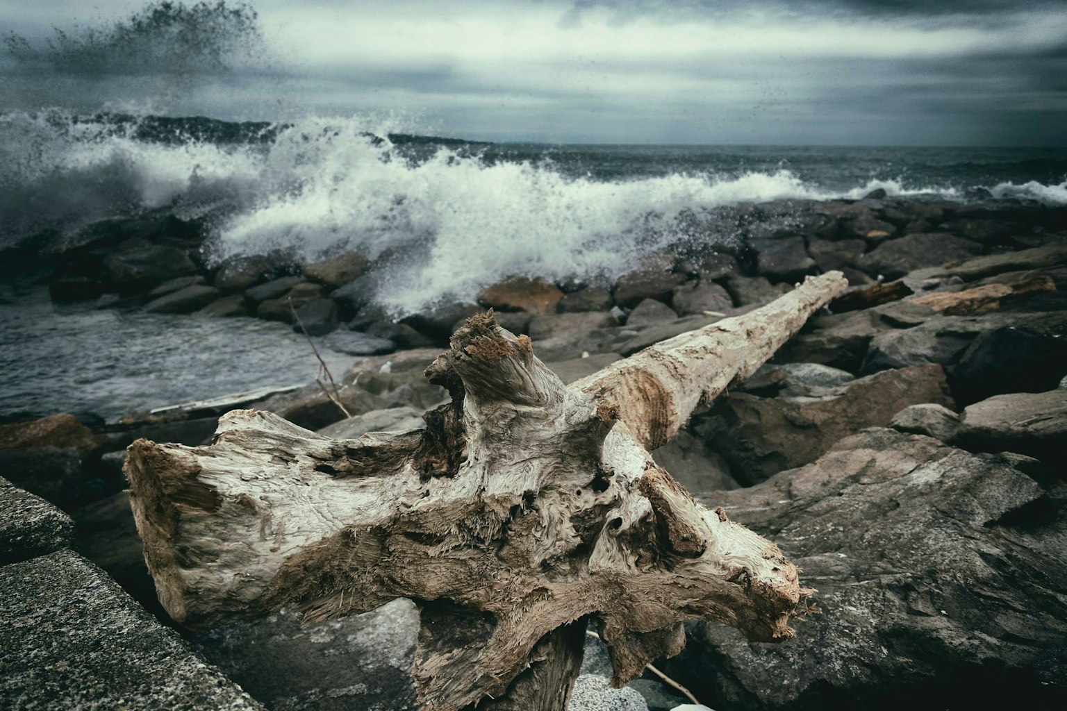 Bûche flottante sur une côte rocheuse avec des vagues déferlantes et un ciel orageux