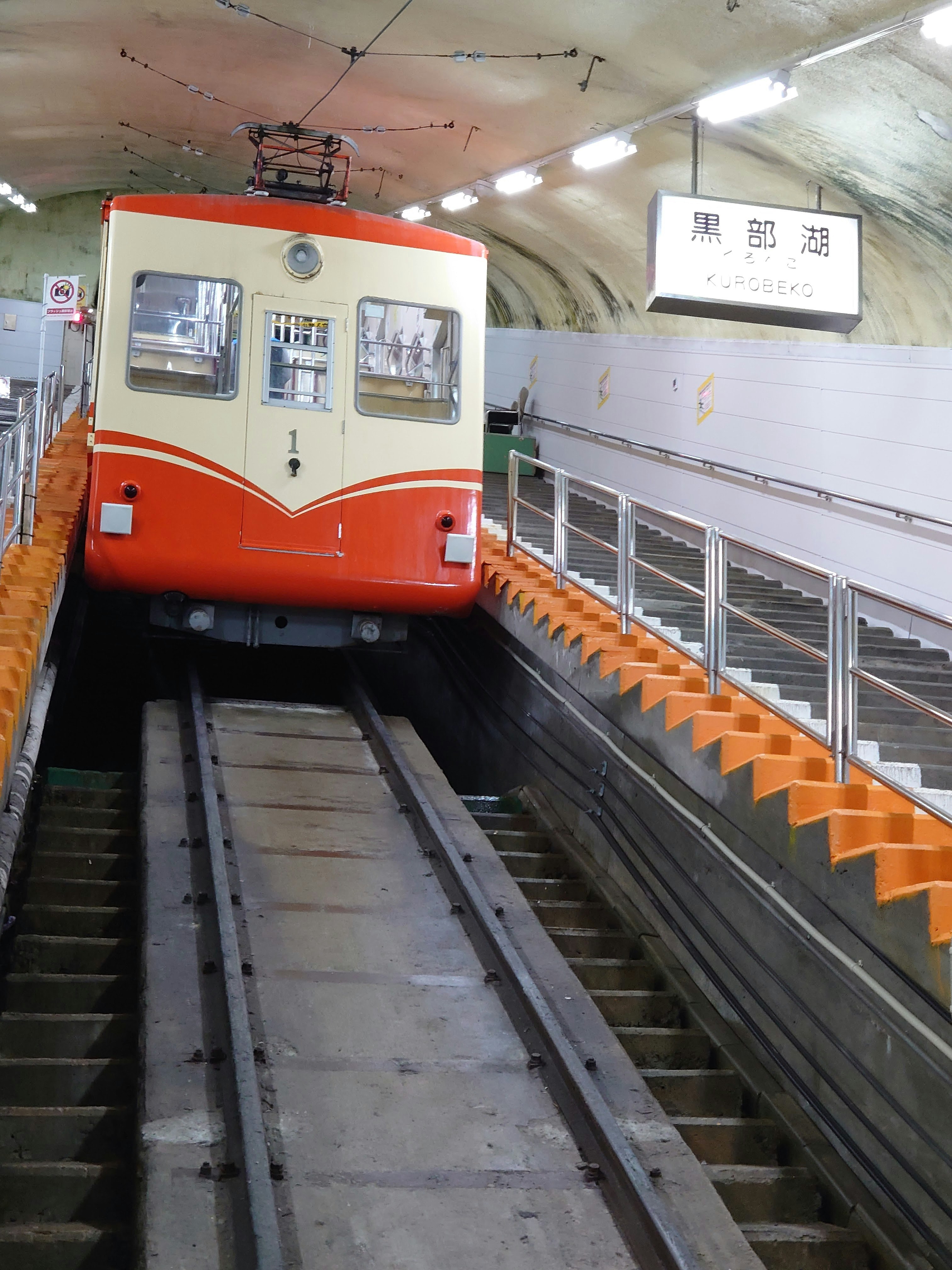 黒部ケーブルカーの車両と黒部湖駅のホーム内観