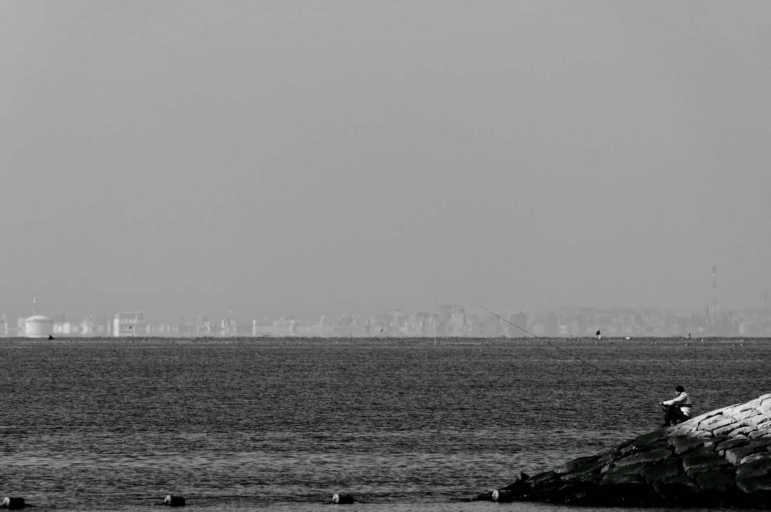 Paesaggio in bianco e nero con il mare e lo skyline di una città lontana