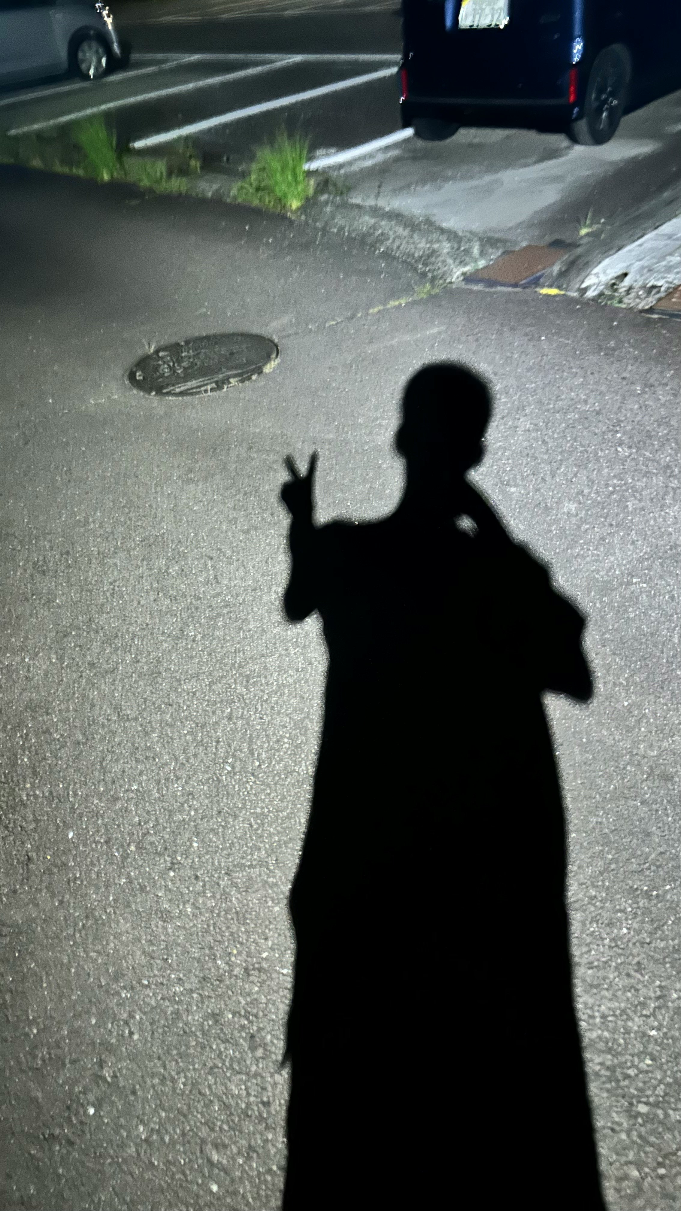 街灯の下で伸びる人影と濡れた路面の夜道
