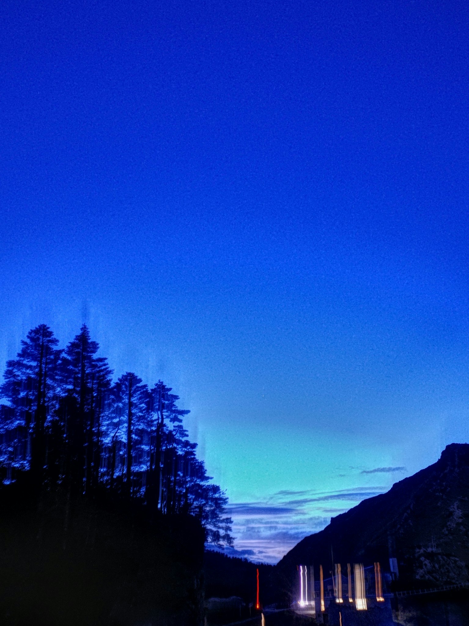 山稜と並木のある夜の風景