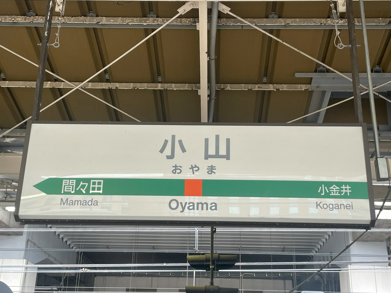 Papan nama Stasiun Oyama menampilkan nama dalam bahasa Jepang dan Inggris