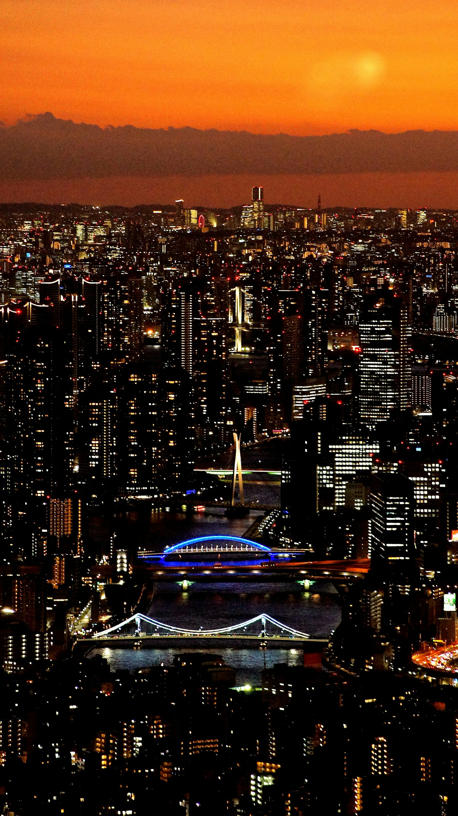 东京日落时分的城市天际线与灯光闪烁的建筑和桥梁