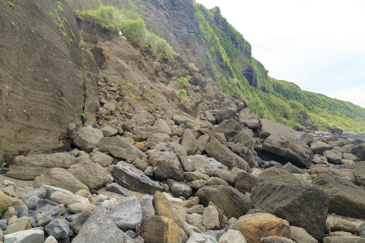 Côte rocheuse avec des rochers éparpillés herbe verte sur les falaises