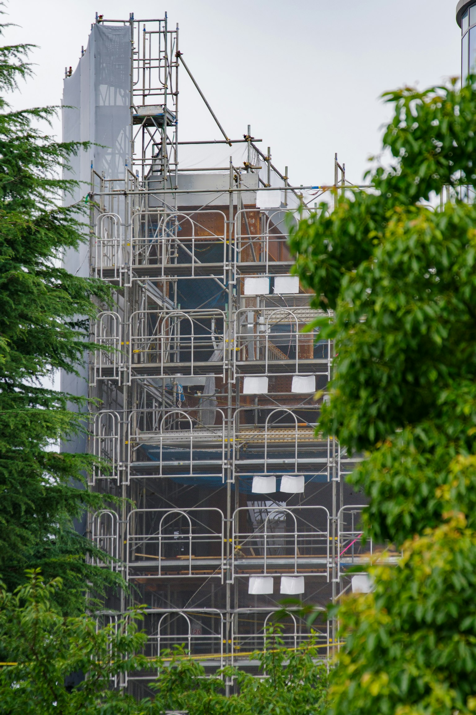 Scaffolding on a building under construction surrounded by green trees
