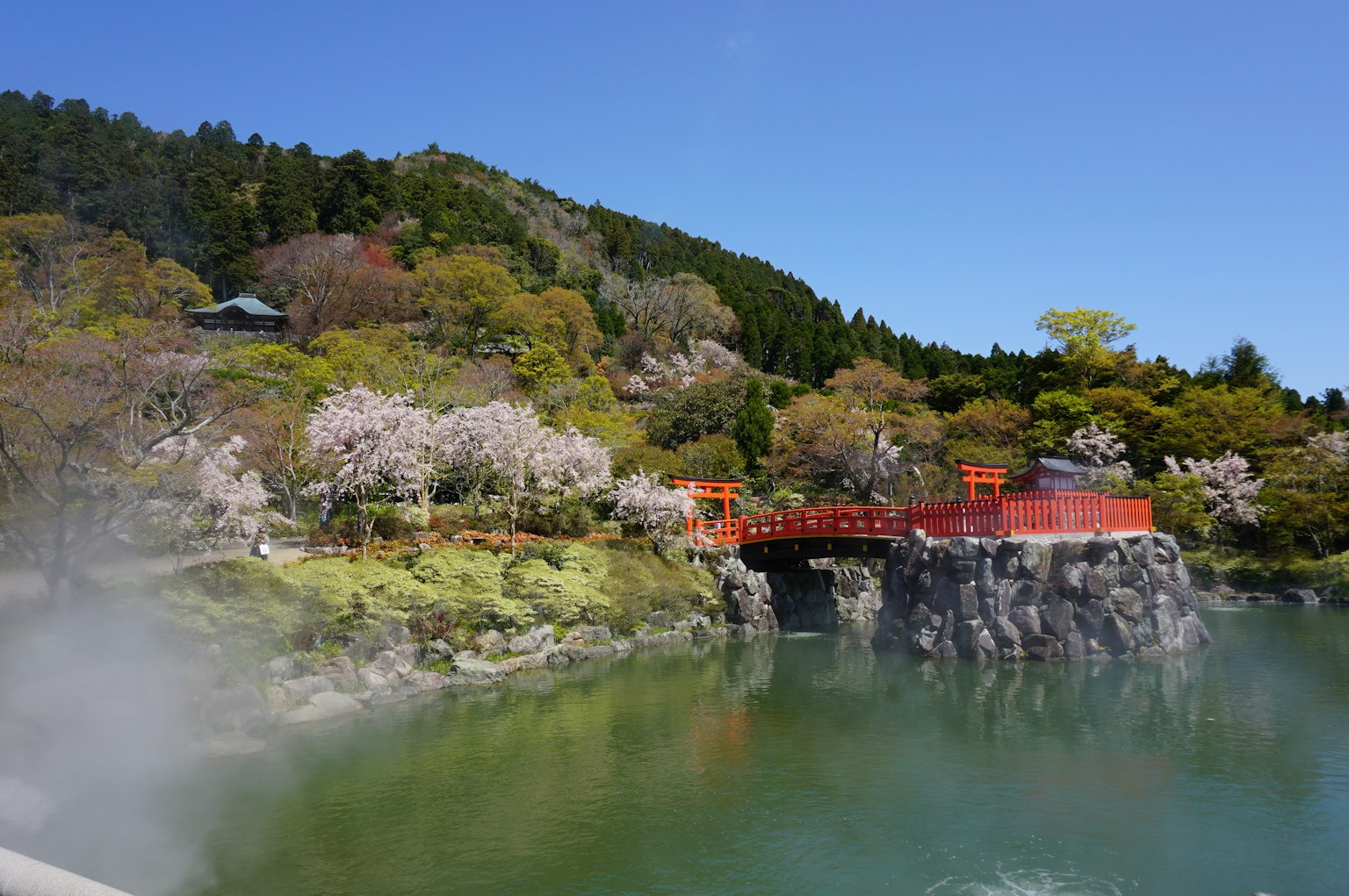 ทิวทัศน์ที่สวยงามของสะพานที่มีดอกซากุระใต้ท้องฟ้าสีฟ้า