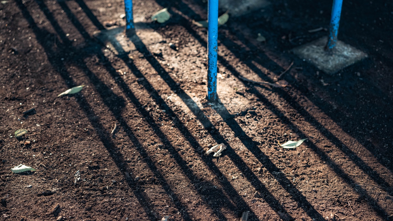 Motivi delle ombre proiettate da pali blu sul terreno