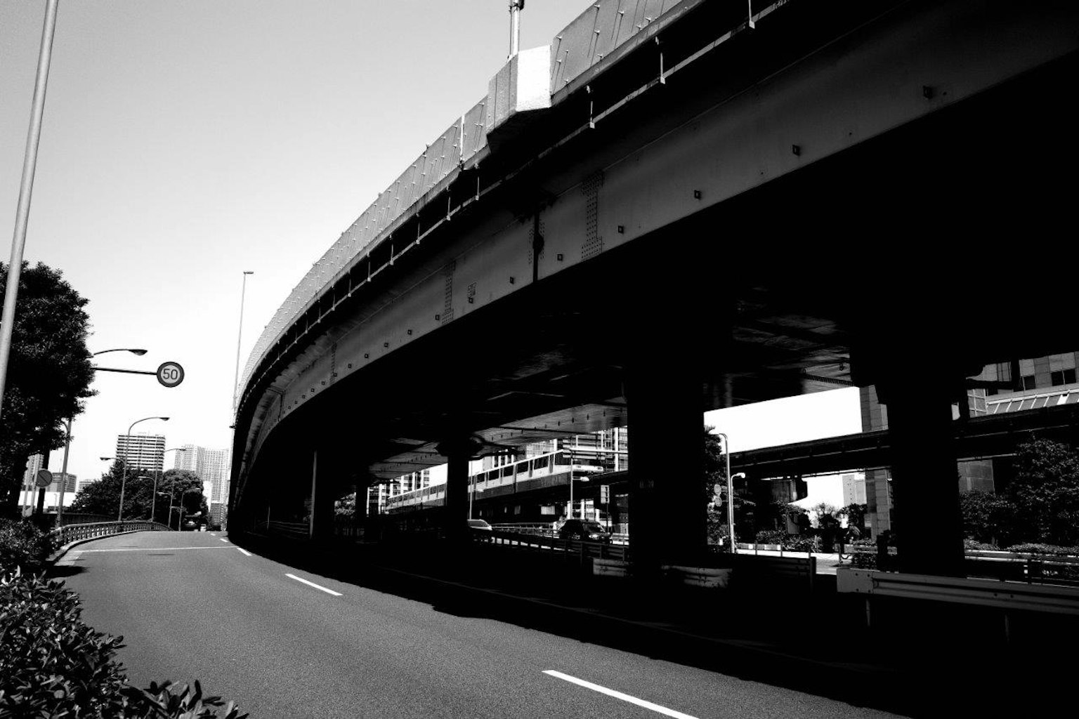 Pemandangan kota hitam putih dengan jalan layang